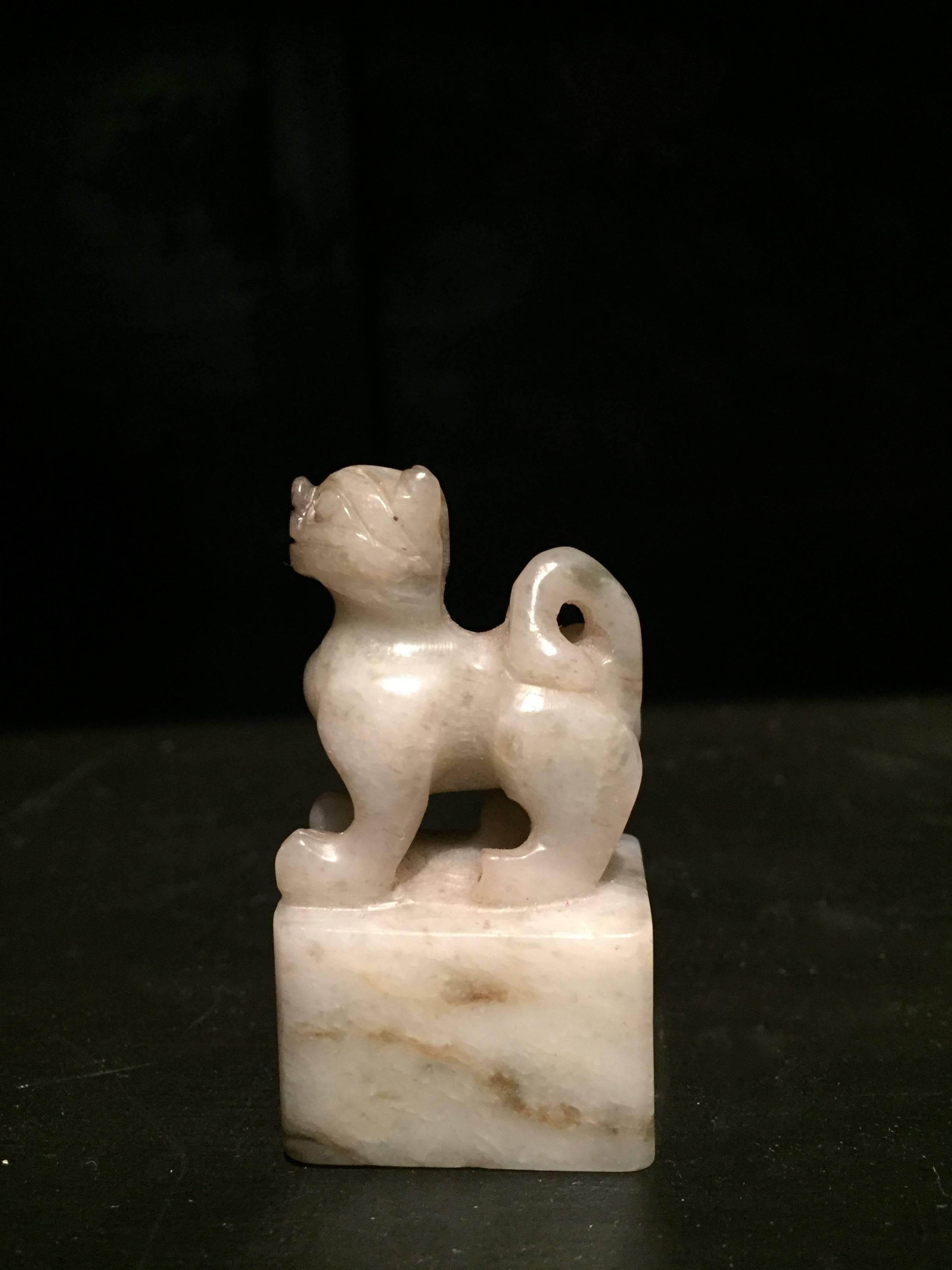 19th Century Pair of He Tian Rice Texture Jade Foo Dog Lion Chops In Excellent Condition For Sale In SOMIS, CA