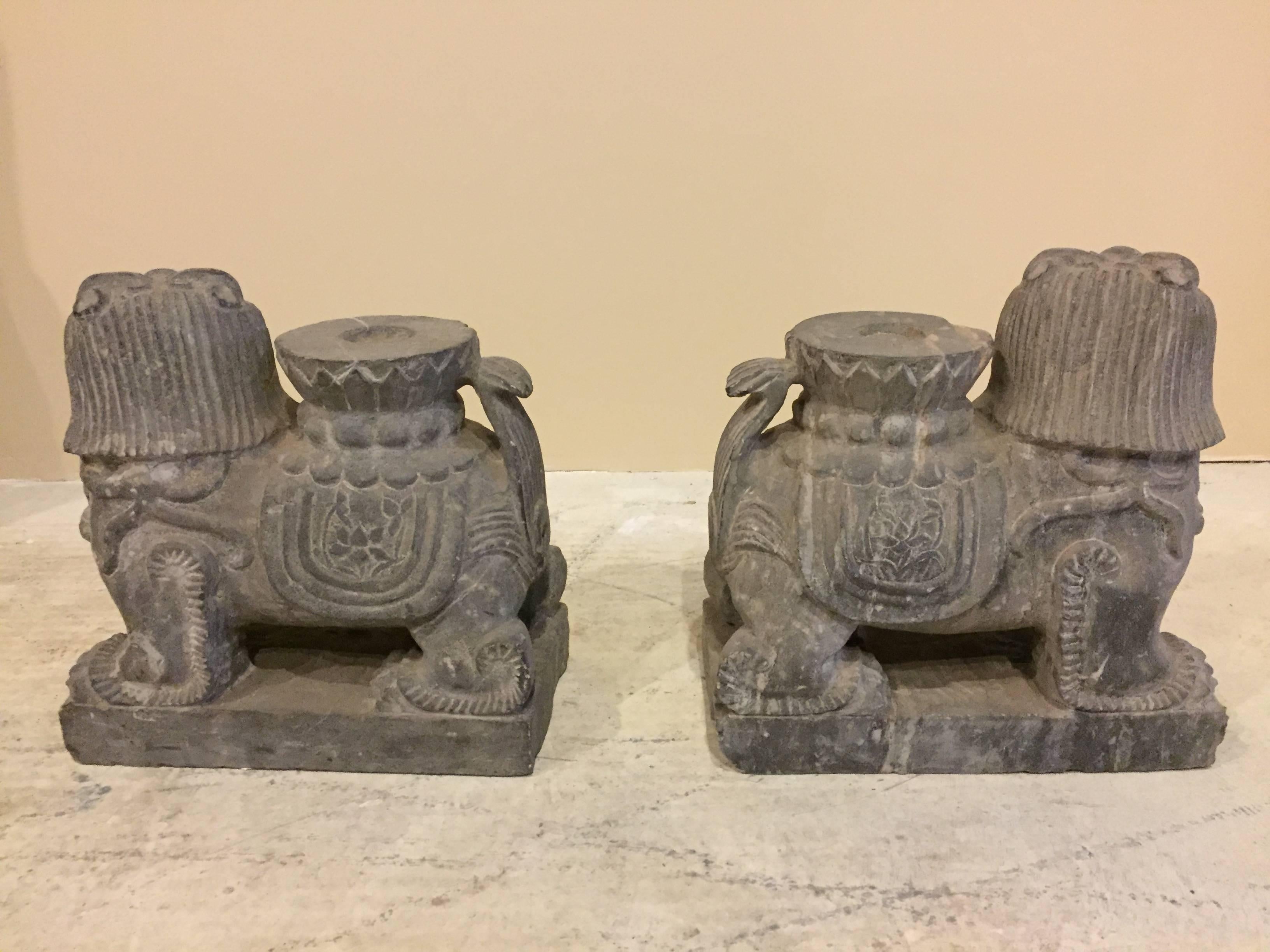 Granite Stone Statues, Foo Dogs Candle Holders In Good Condition For Sale In SOMIS, CA