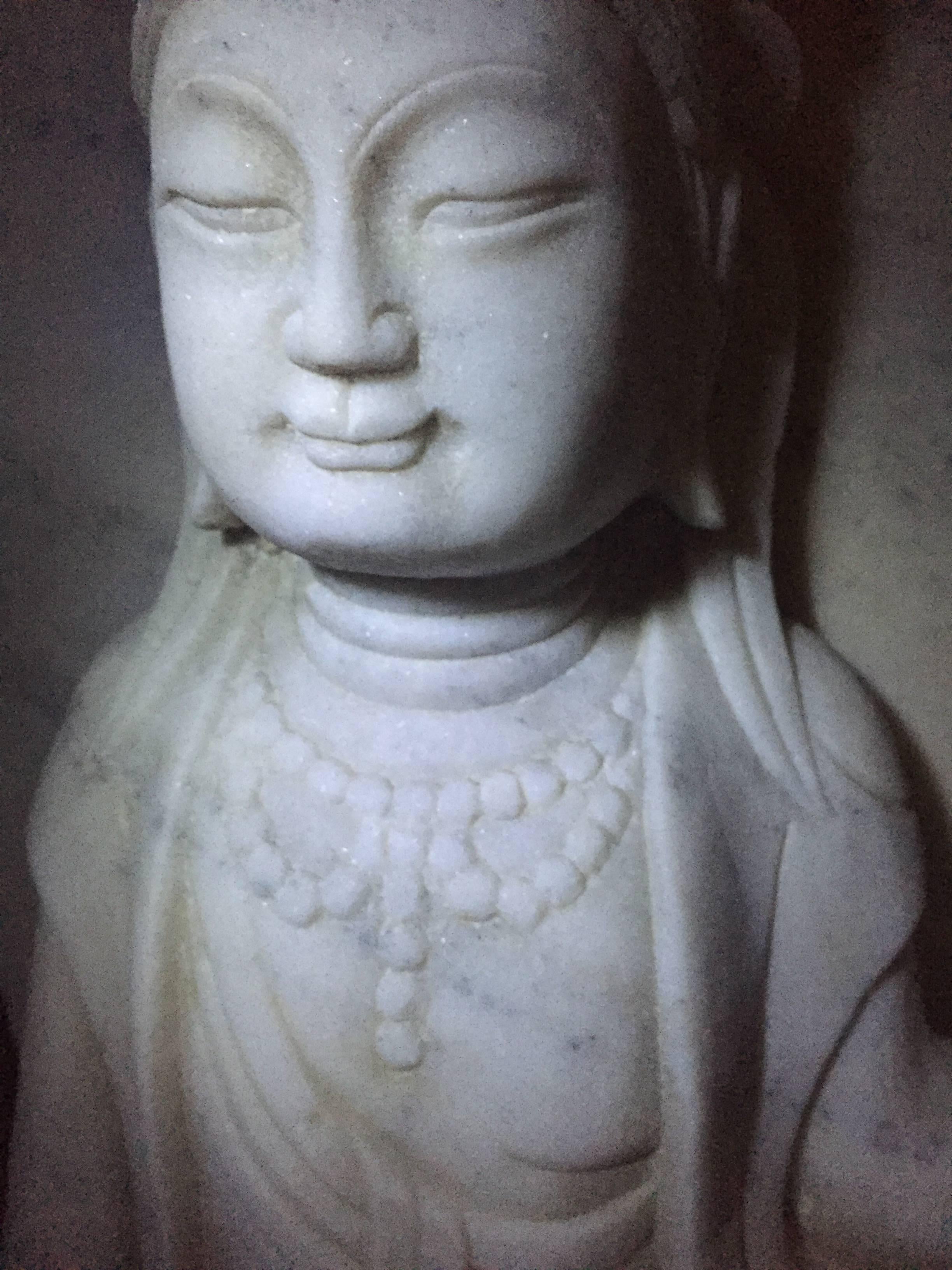 20th Century Kwan Yin Statue, White Marble Stone For Sale