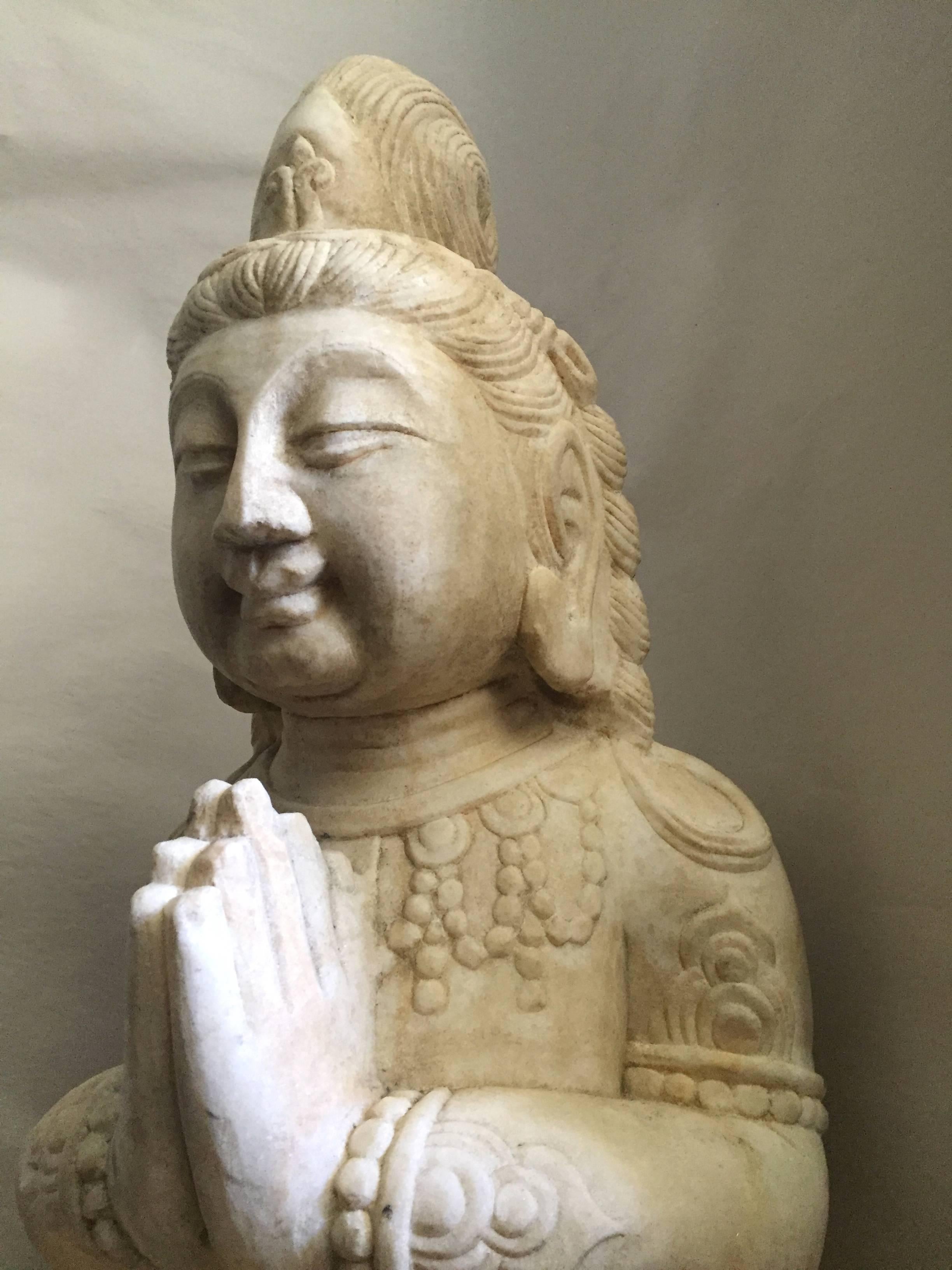 Stone Kwan Yin Statue, White Marble, Garden Sculpture For Sale 3