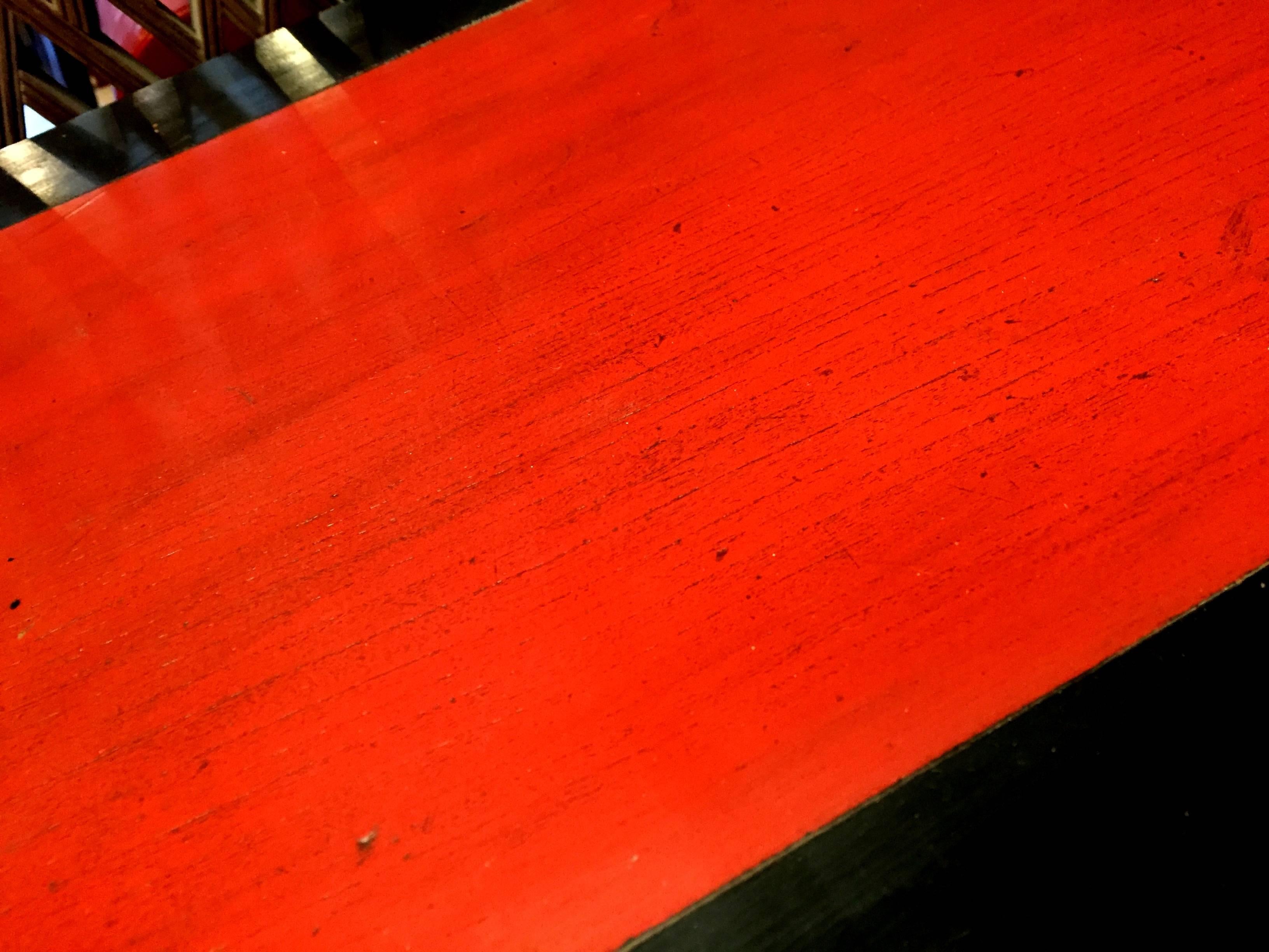 Wood Asian Desk and Chest, Red and Black Lacquer, Ming Style For Sale