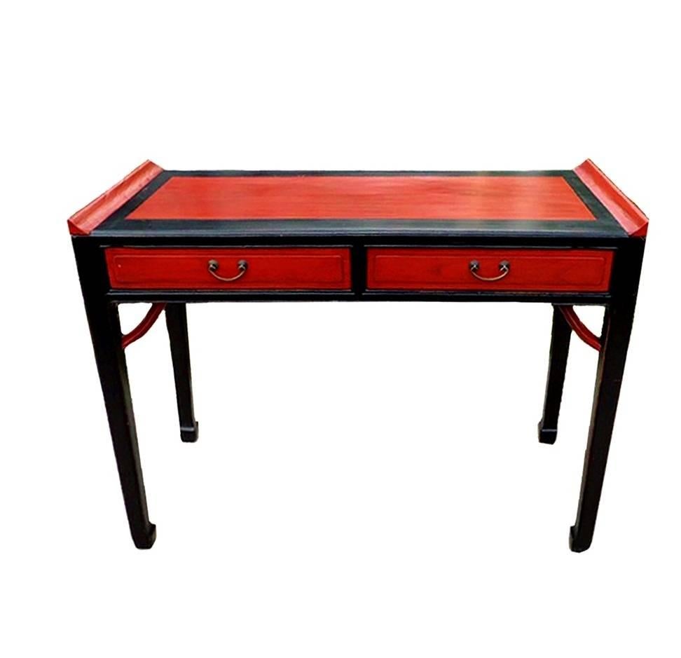 20th Century Asian Desk and Chest, Red and Black Lacquer, Ming Style For Sale