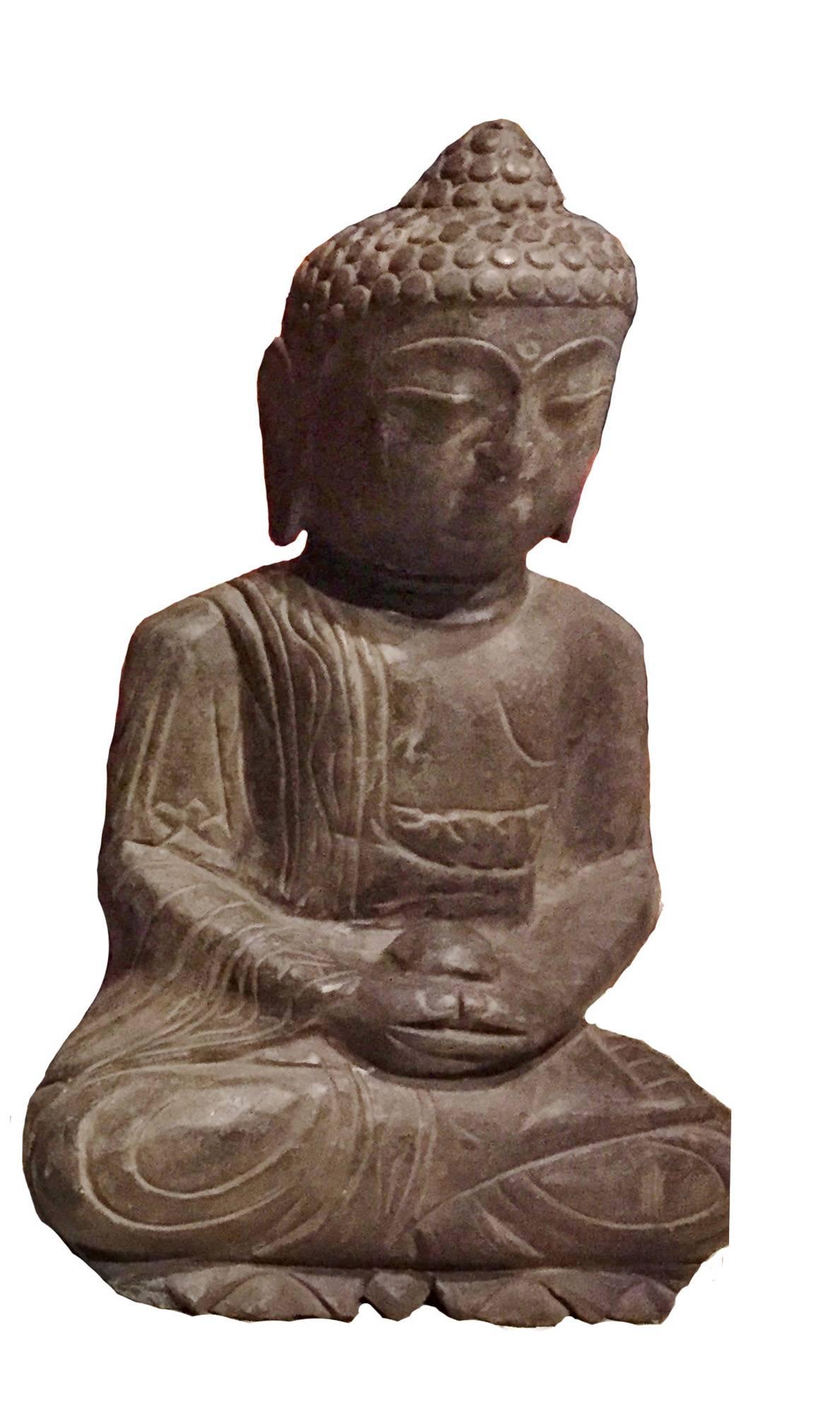 This is a rare set of three stone sculptures depicting Buddha. Each piece displays fine details of head crown, facial features and robe. Peaceful expressions and overall serenity. 

All three Buddhas have straight, upright postures, despite photo