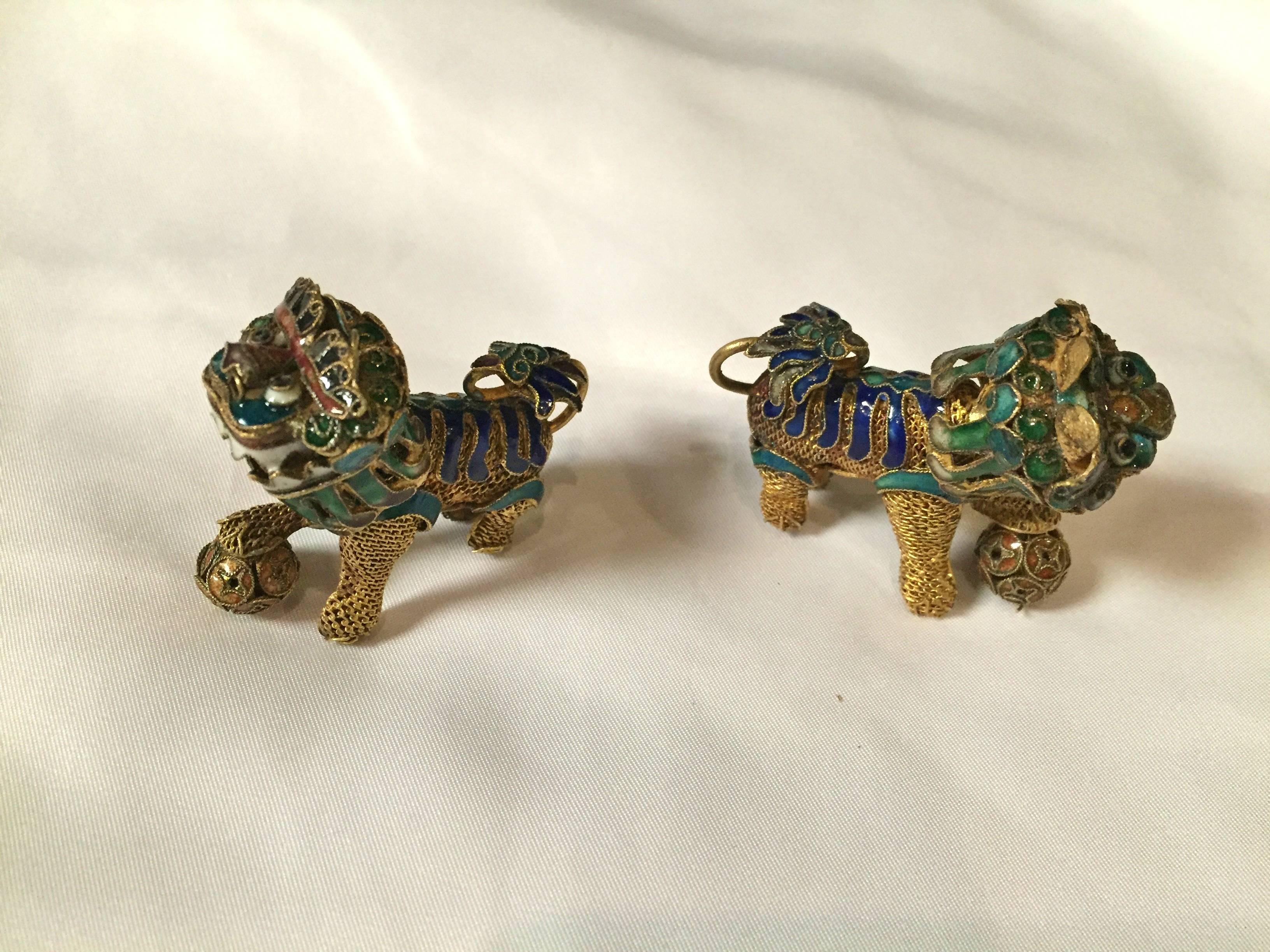 Chinese Pair of Miniature Vintage Enamel Foo Dogs