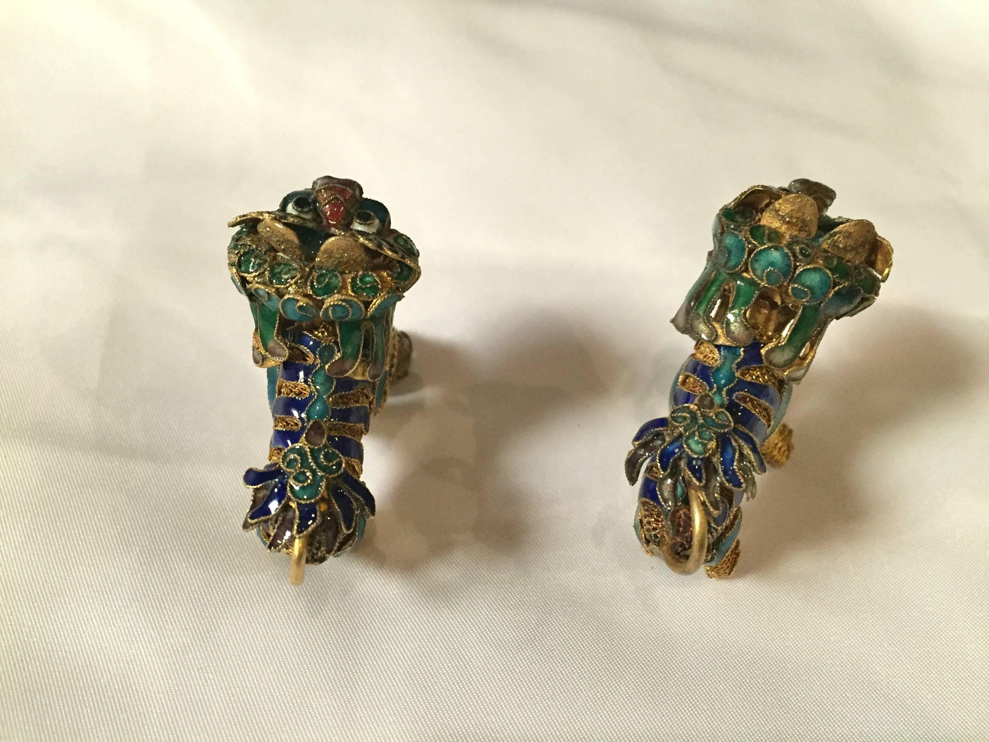 Pair of Miniature Vintage Enamel Foo Dogs In Excellent Condition In SOMIS, CA