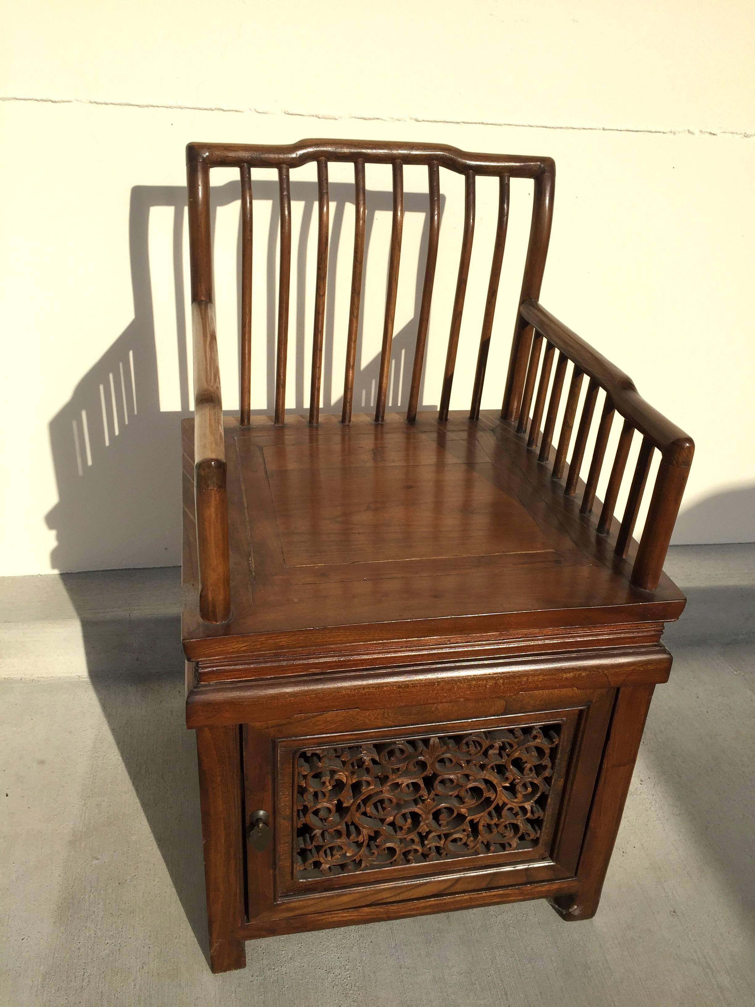 Joinery Antique Chinese Comb Back Chair with Carved Compartment For Sale