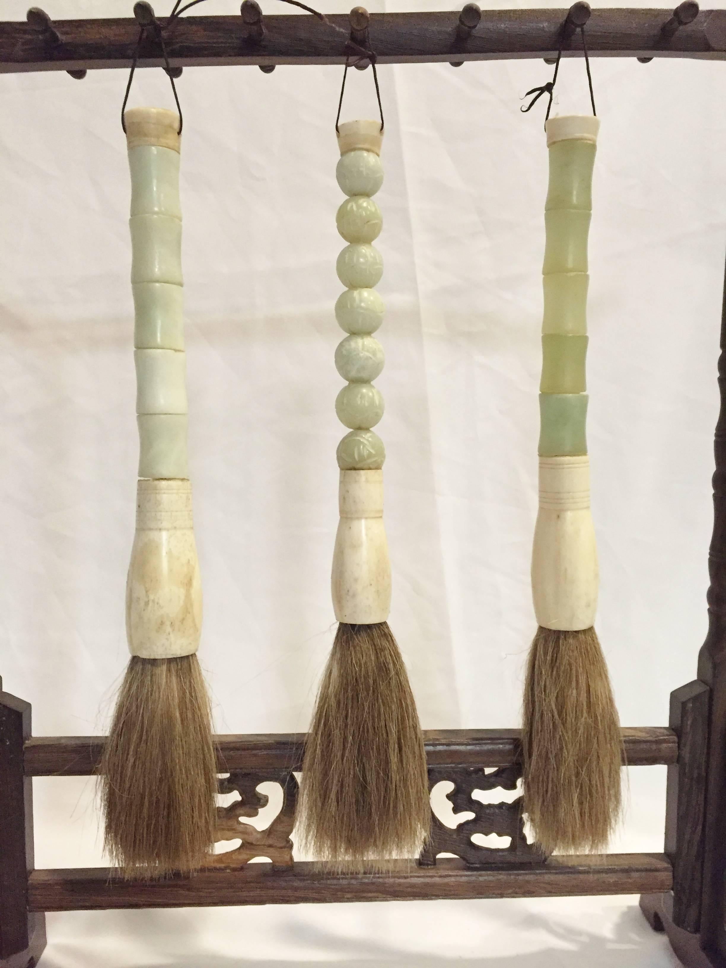 20th Century Set of Jade Calligraphy Brushes on Rosewood Stand 