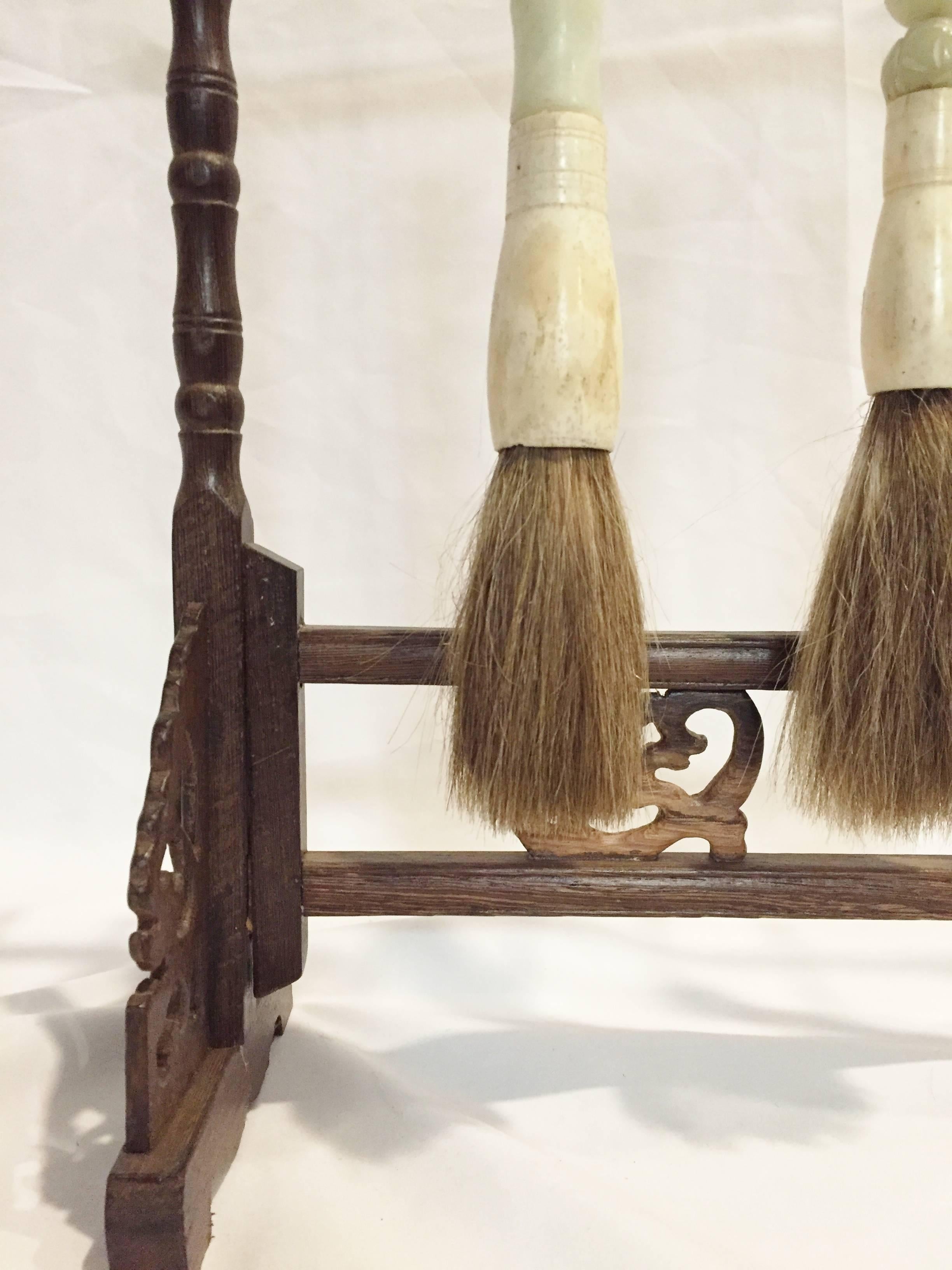 Bone Set of Jade Calligraphy Brushes on Rosewood Stand 