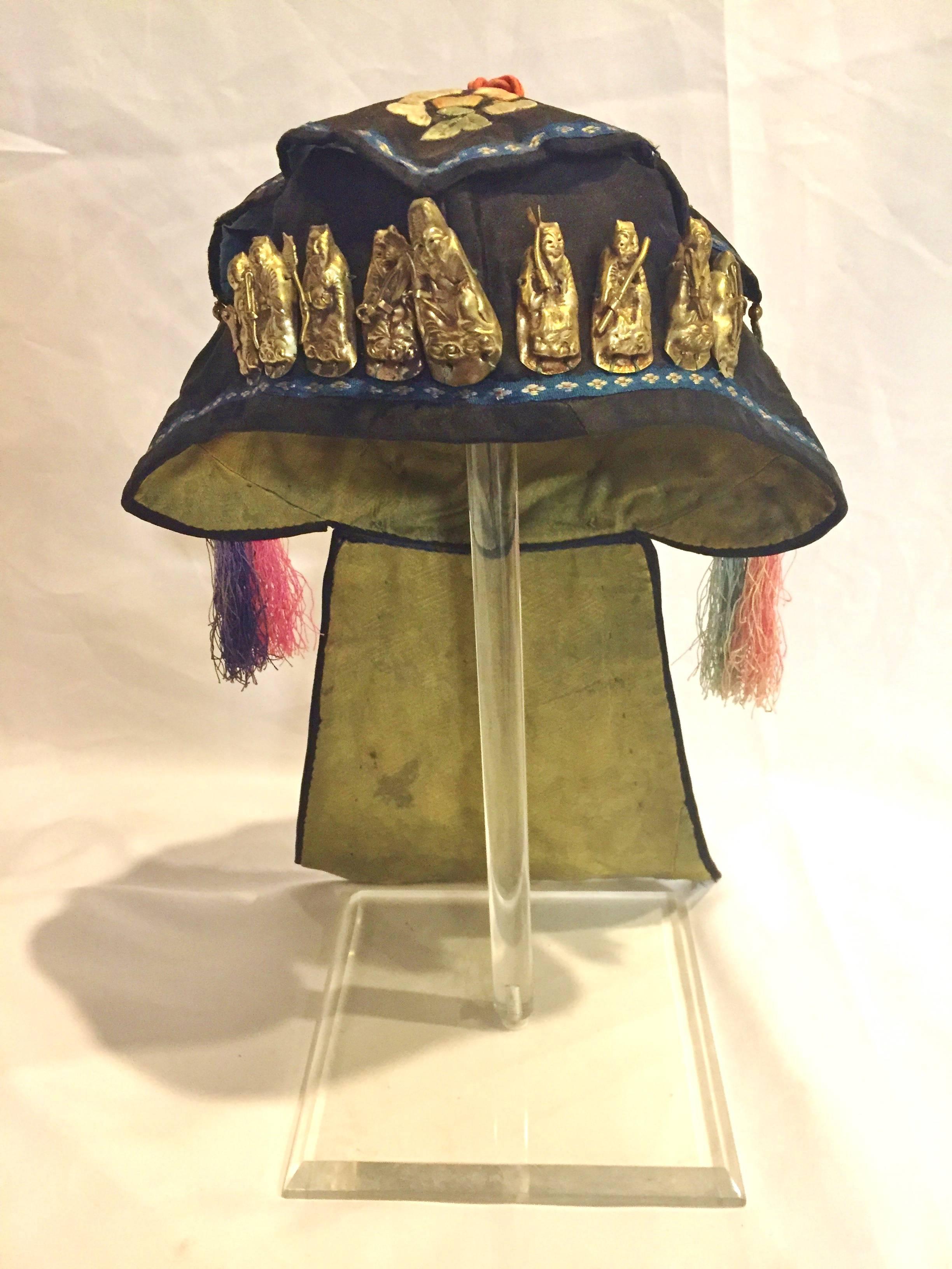 Gilt 19th Century Chinese Antique Embroidered Hat with Silver Ornaments For Sale