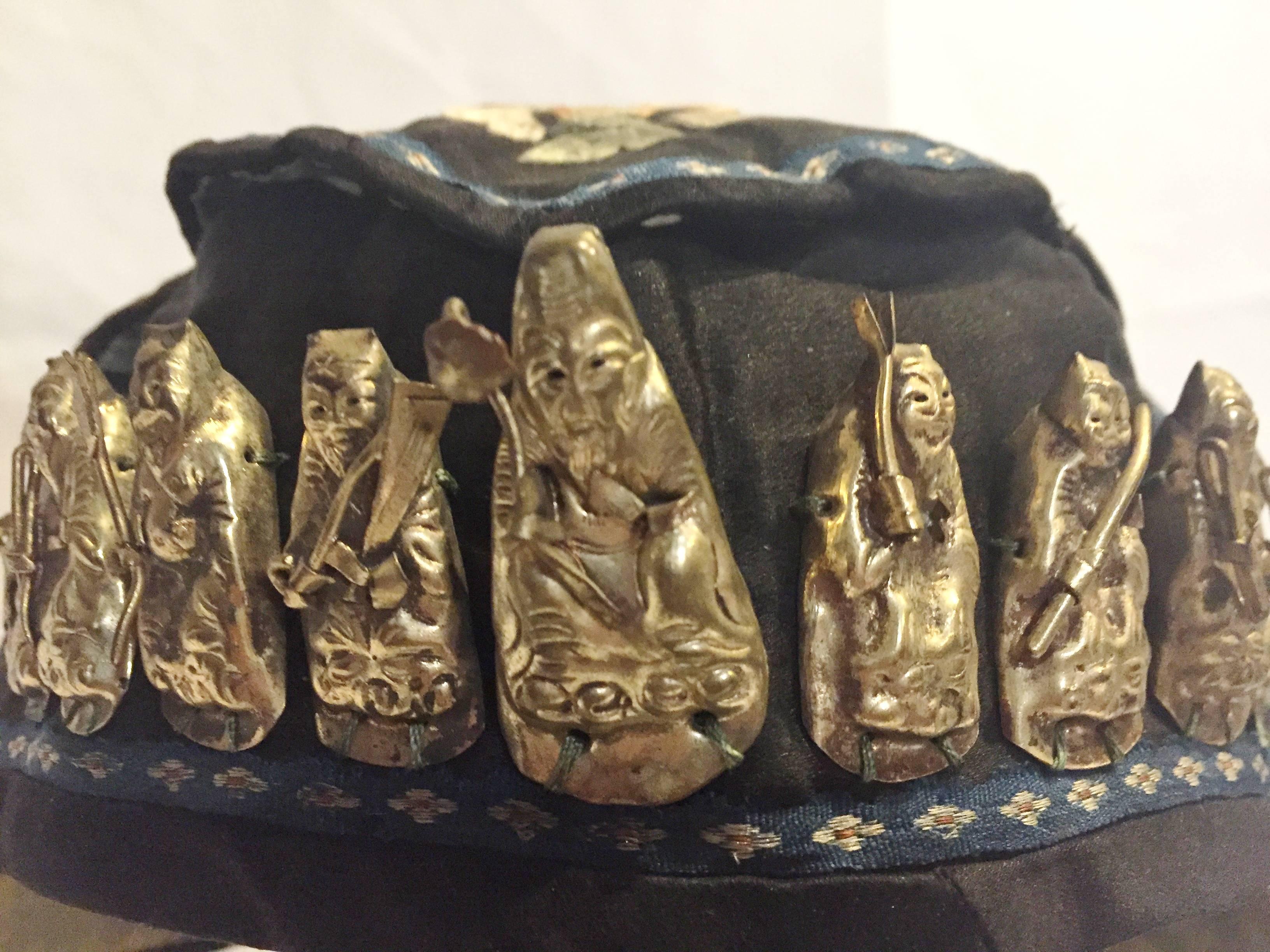 Silk 19th Century Chinese Antique Embroidered Hat with Silver Ornaments For Sale