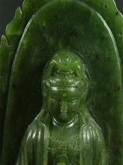 Antique Spinach Green Jade Kwan Yin on Carved Stand