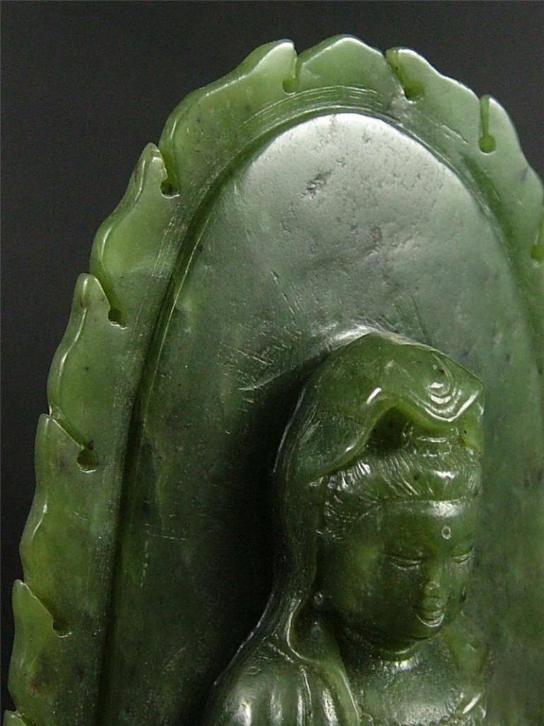 Chinese Antique Spinach Green Jade Kwan Yin on Carved Stand For Sale