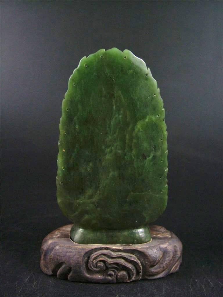 19th Century Antique Spinach Green Jade Kwan Yin on Carved Stand For Sale
