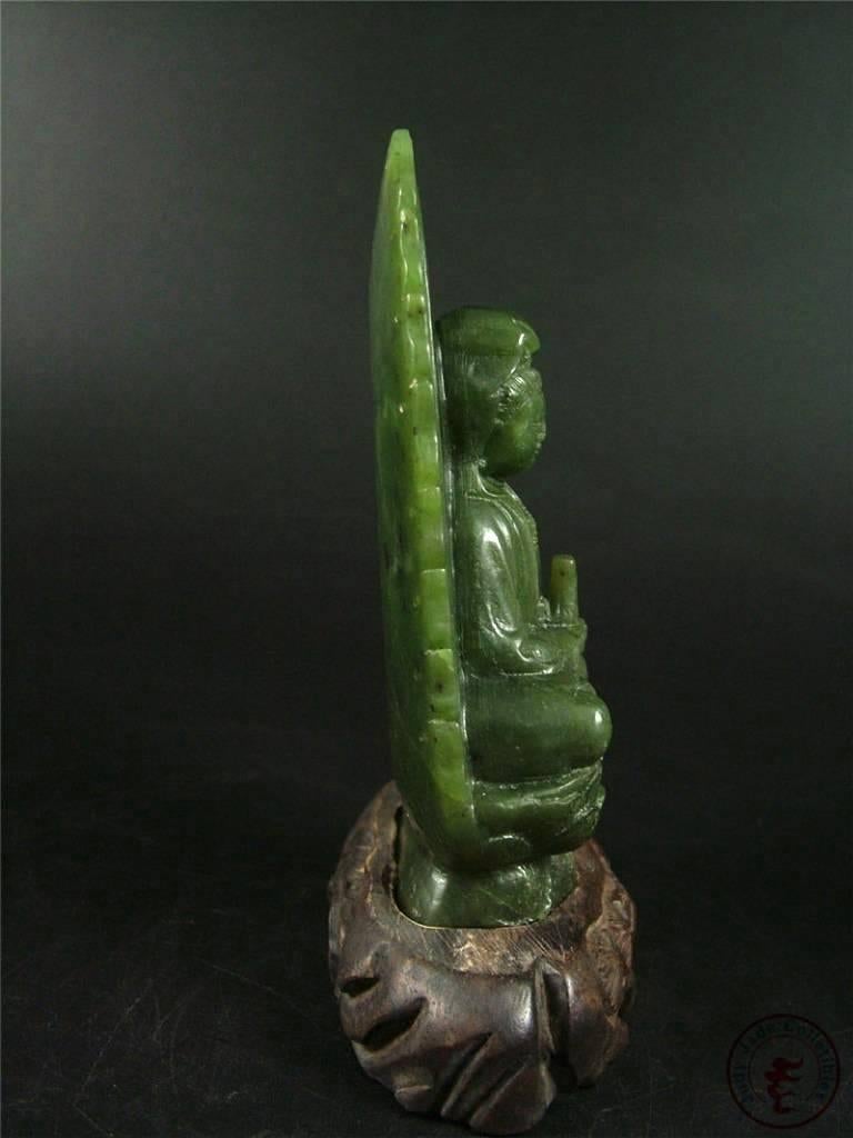 Antique Spinach Green Jade Kwan Yin on Carved Stand For Sale 3