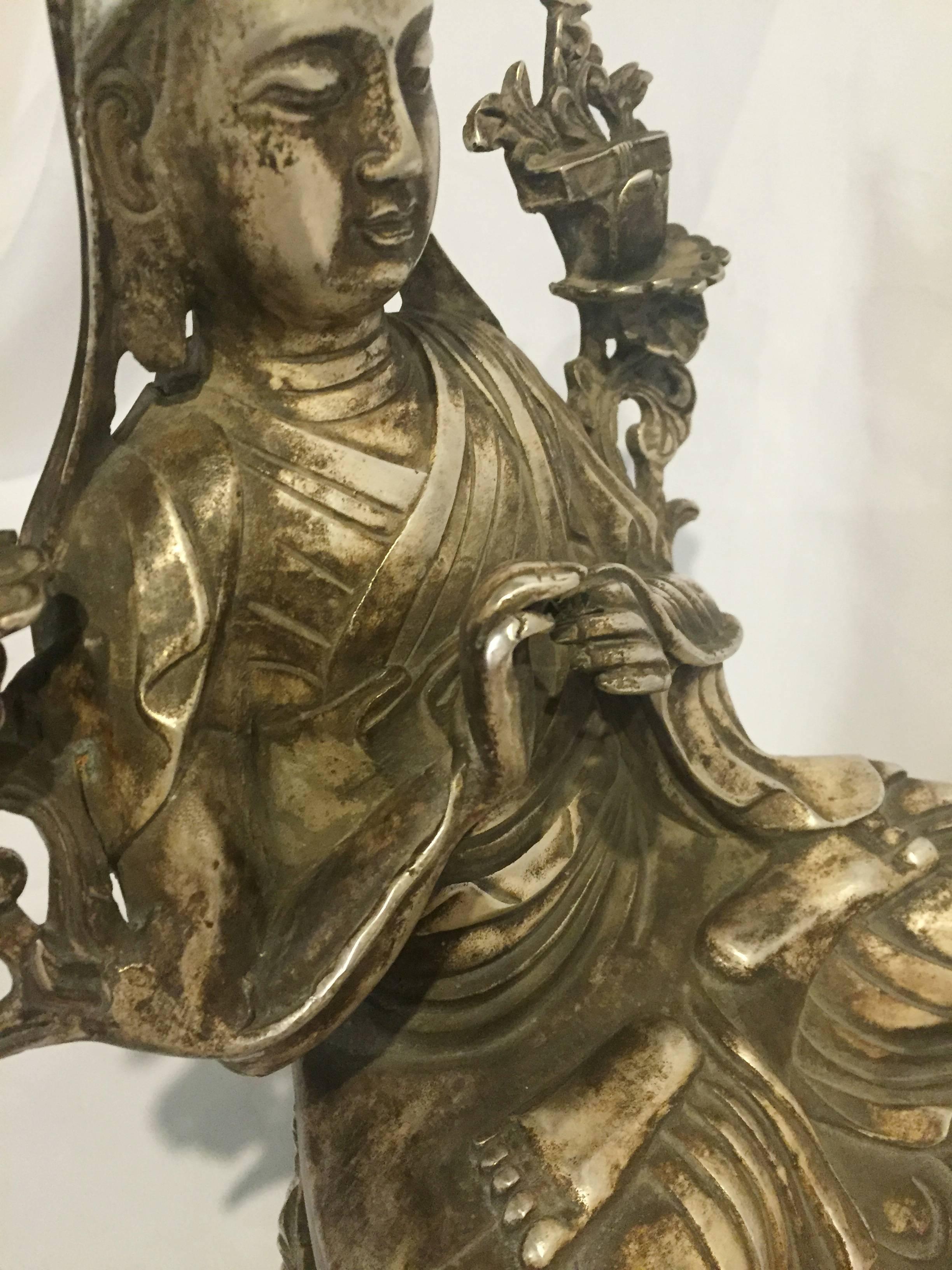 Silvered Silver Bronze Tibetan Teacher, God of Wisdom, Large For Sale