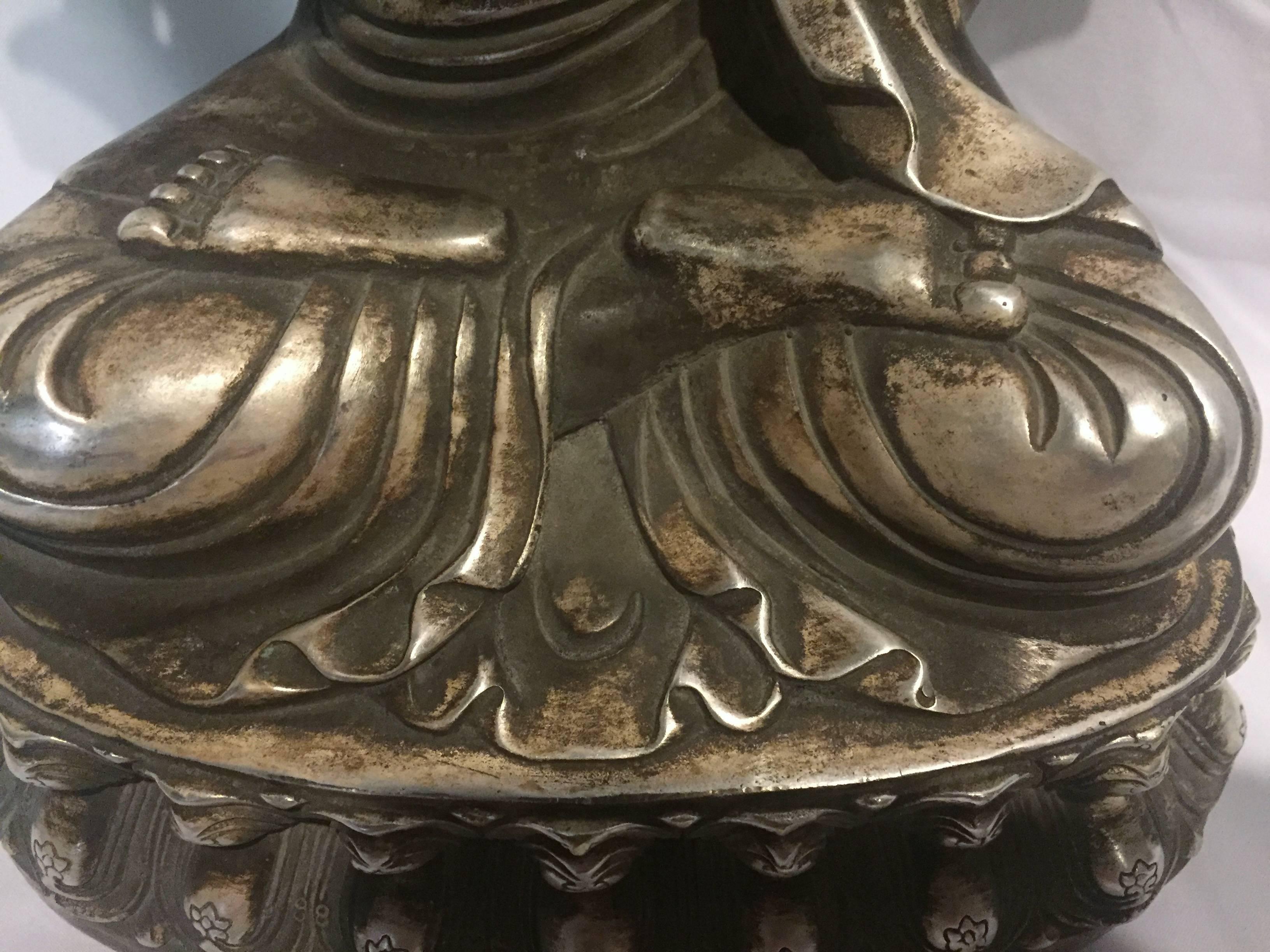 Silver Bronze Tibetan Teacher, God of Wisdom, Large For Sale 1