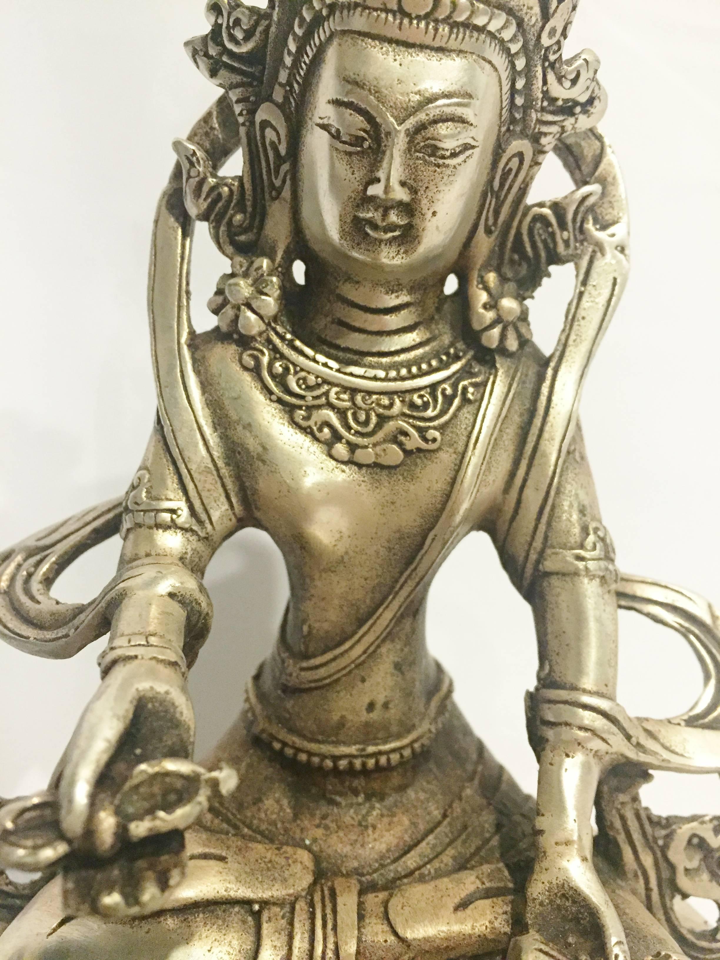 This exquisite piece is of the Tibetan deity that represents the whole power of male and female. The male, holding dorji, a scepter to rid evil spirits, represents 