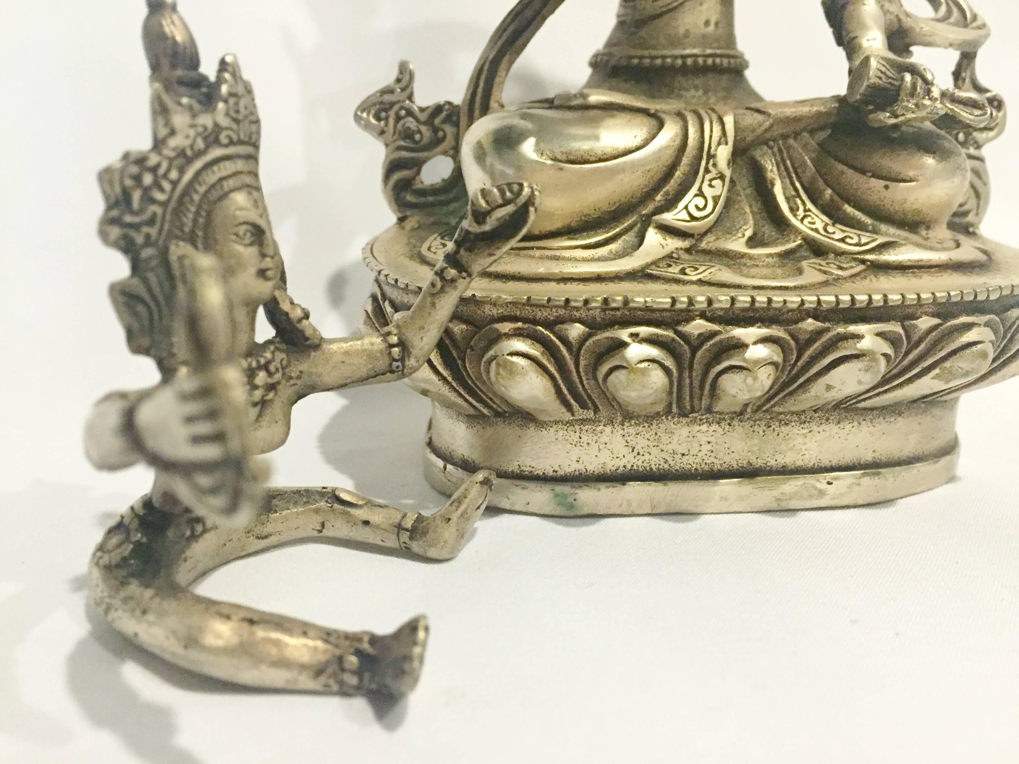 Silver Bronze Tibetan Yab-Yum Interlocking Buddhas Statue 4