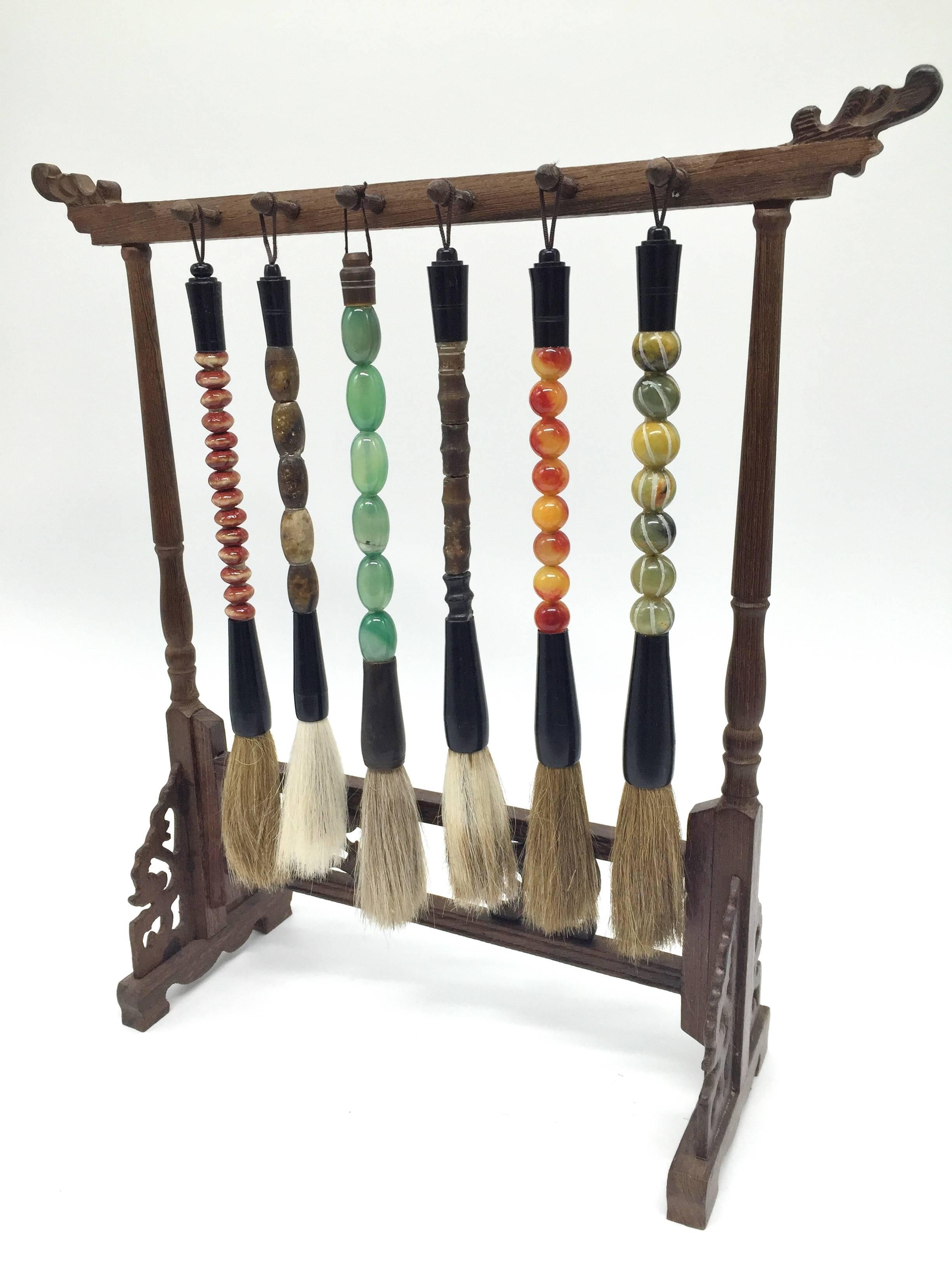 Set of Six Calligraphy Brushes and Rosewood Stand For Sale 1