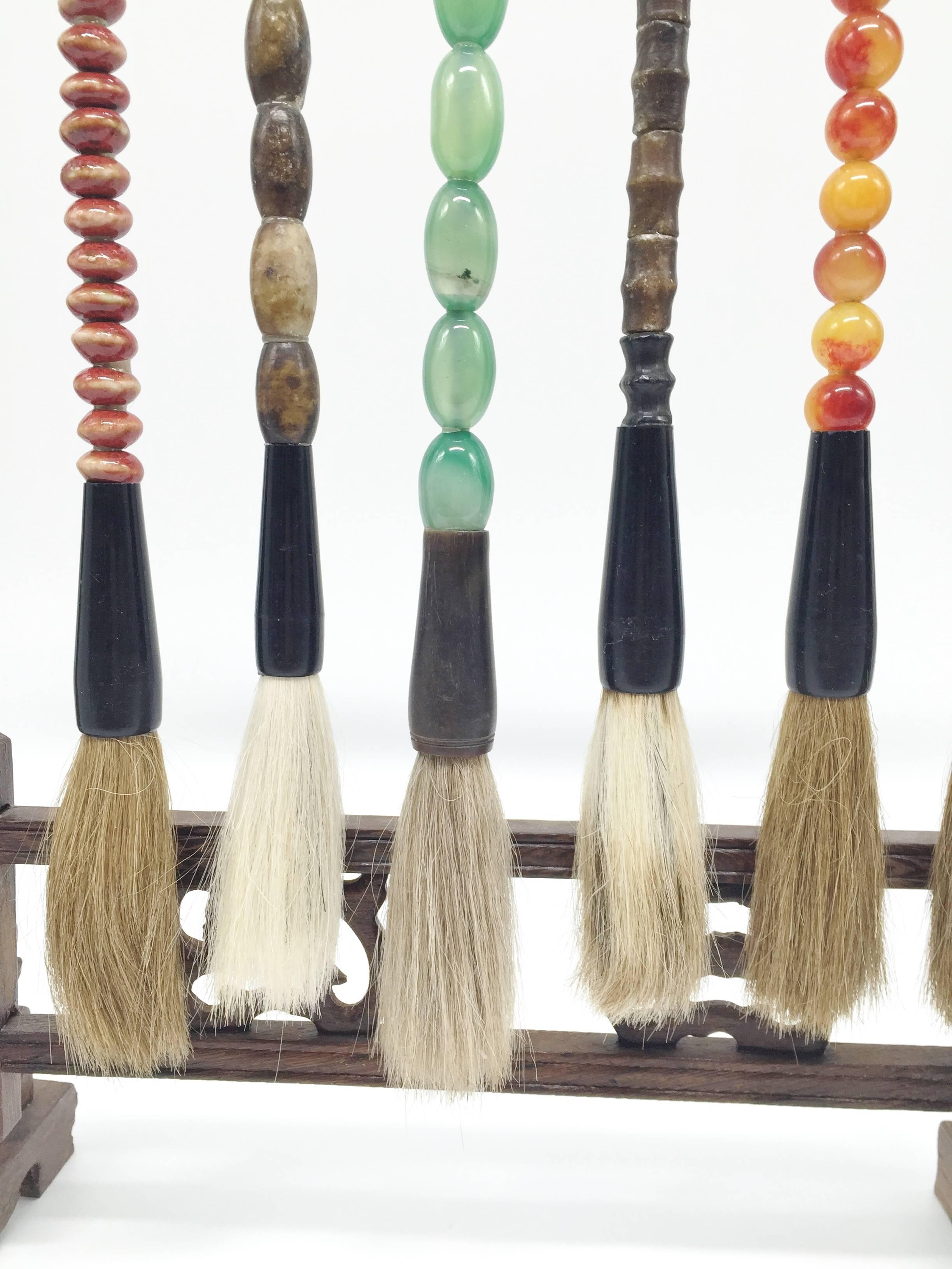 Set of Six Calligraphy Brushes and Rosewood Stand For Sale 2