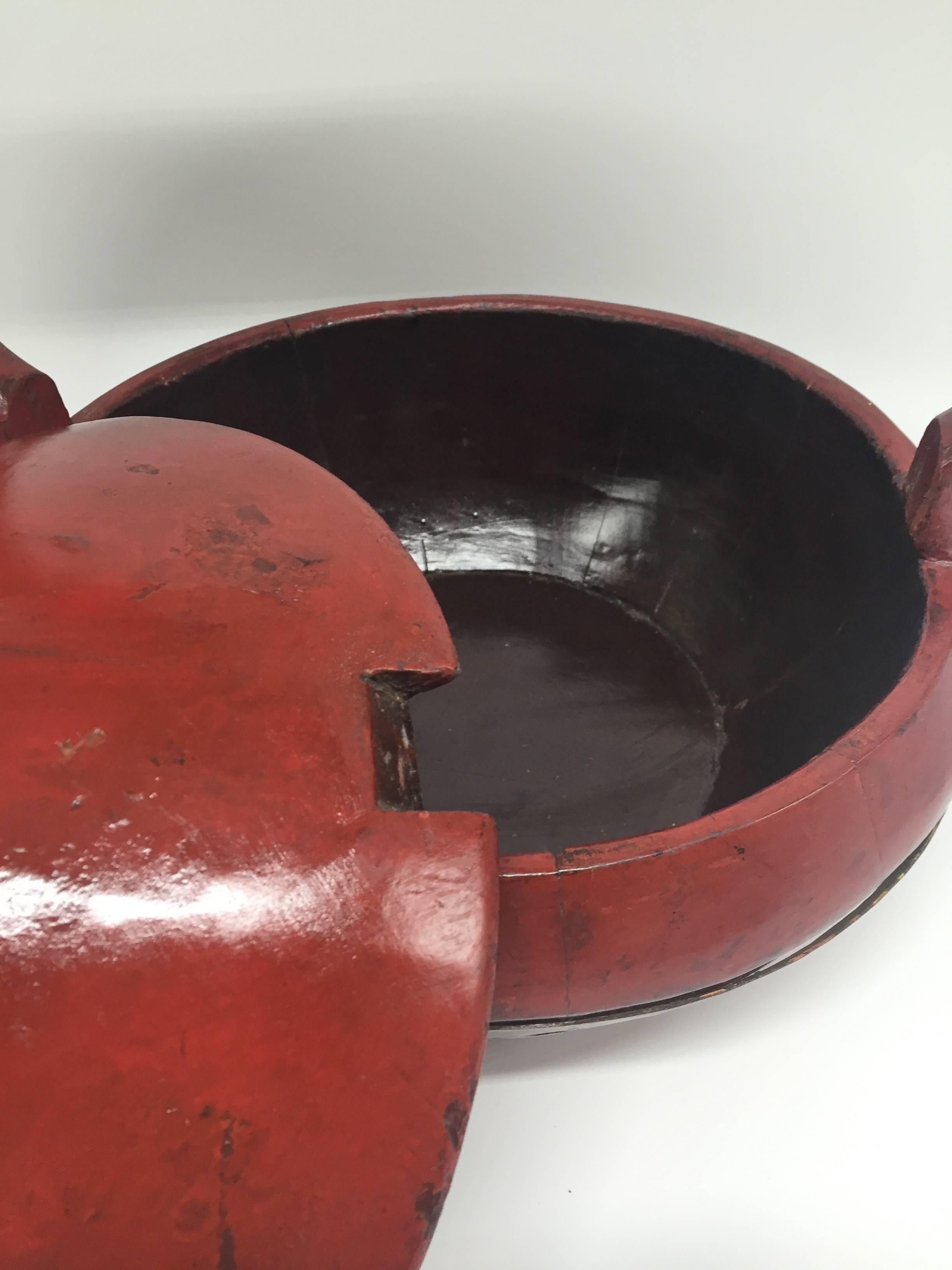 Wood Chinese Antique Red Lacquer Bun Basket