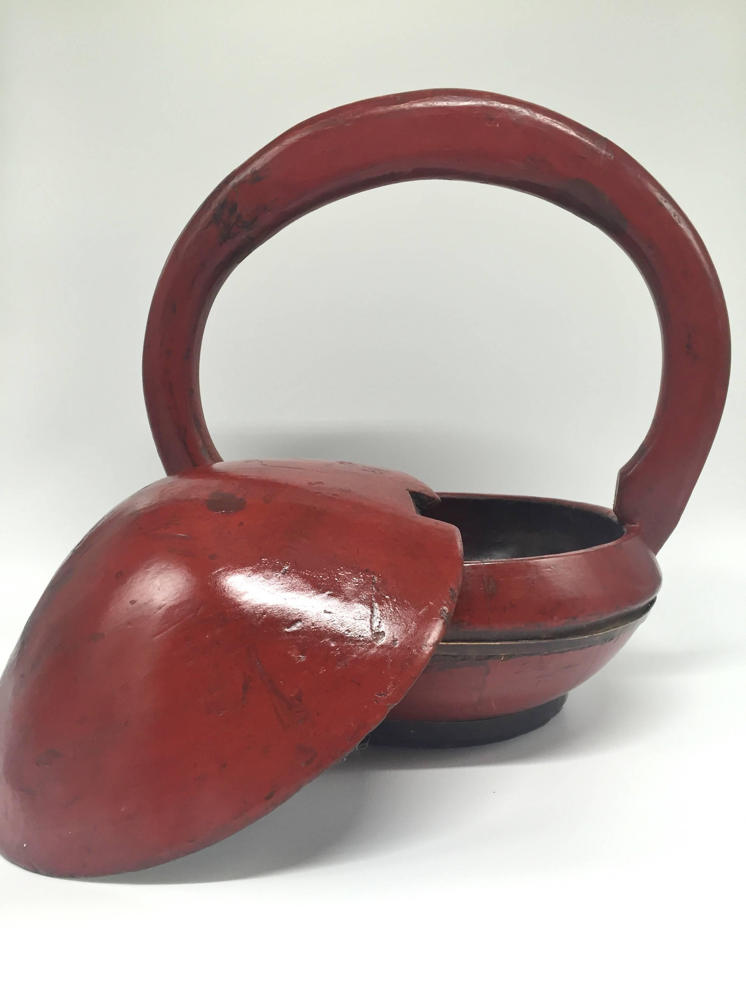 Chinese Antique Red Lacquer Bun Basket 1