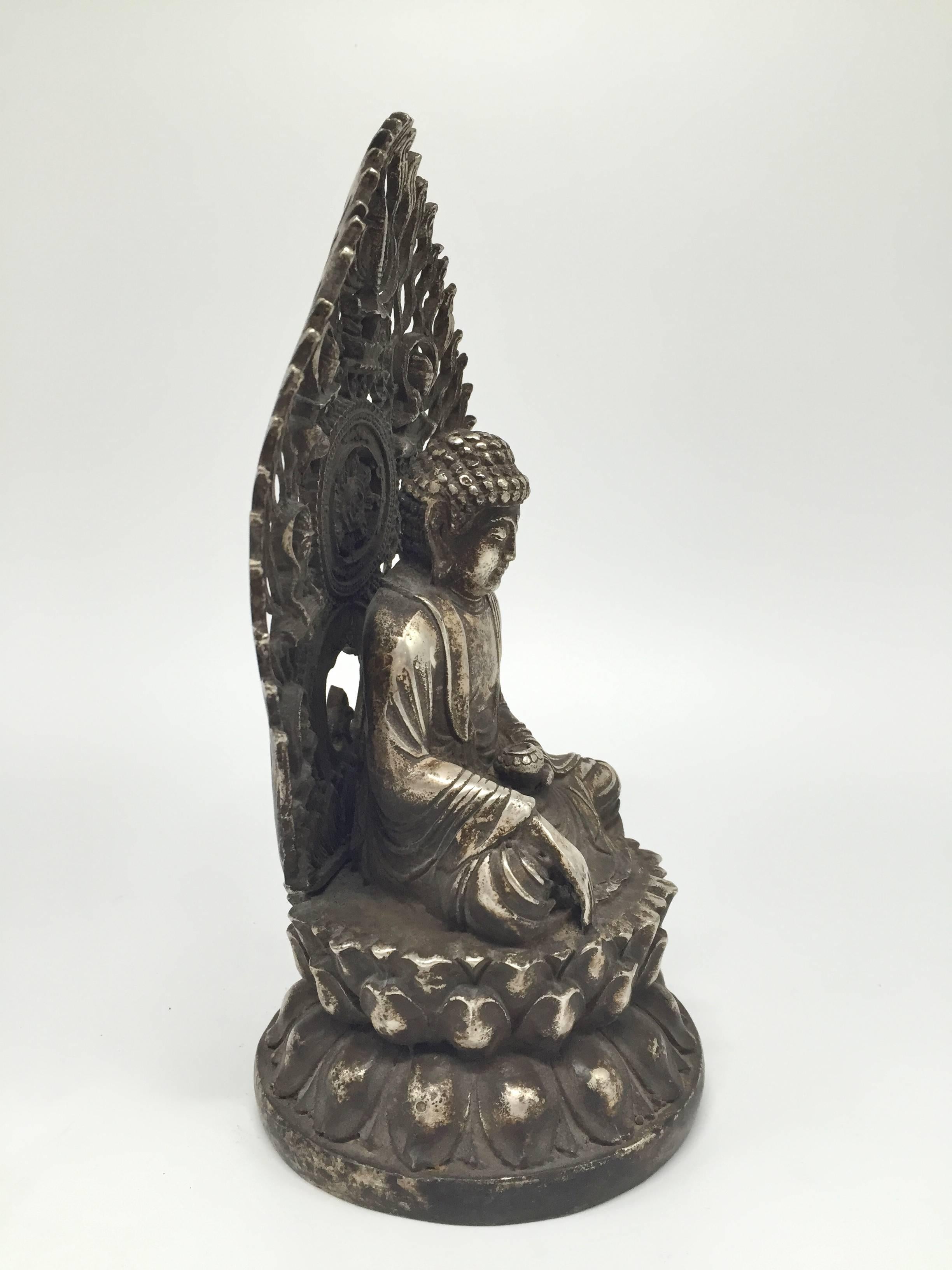 Silver Bronze Buddha with Flying Goddesses In Excellent Condition For Sale In SOMIS, CA
