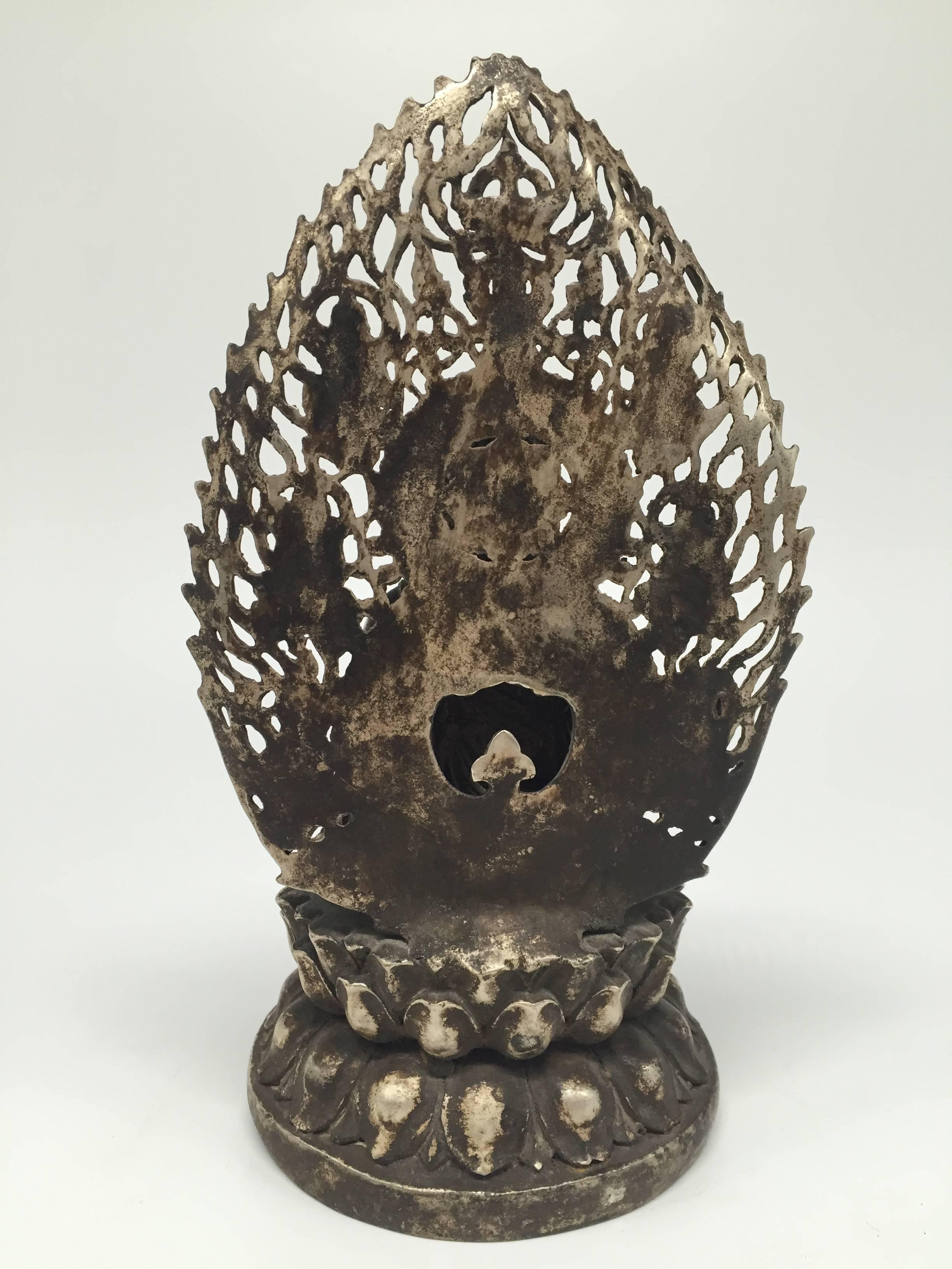 20th Century Silver Bronze Buddha with Flying Goddesses For Sale