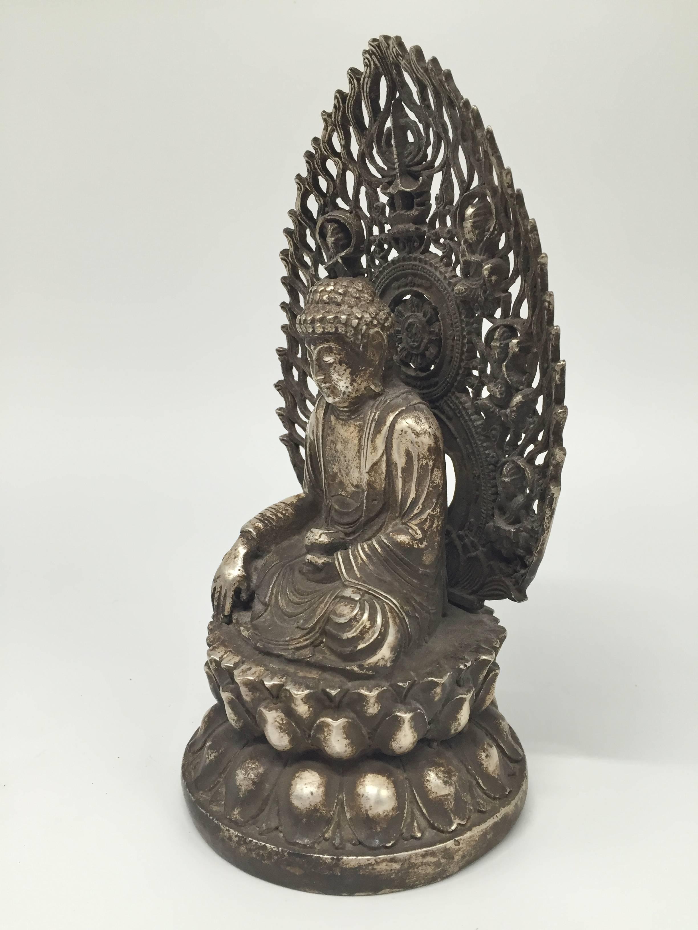 Silver Bronze Buddha with Flying Goddesses For Sale 1