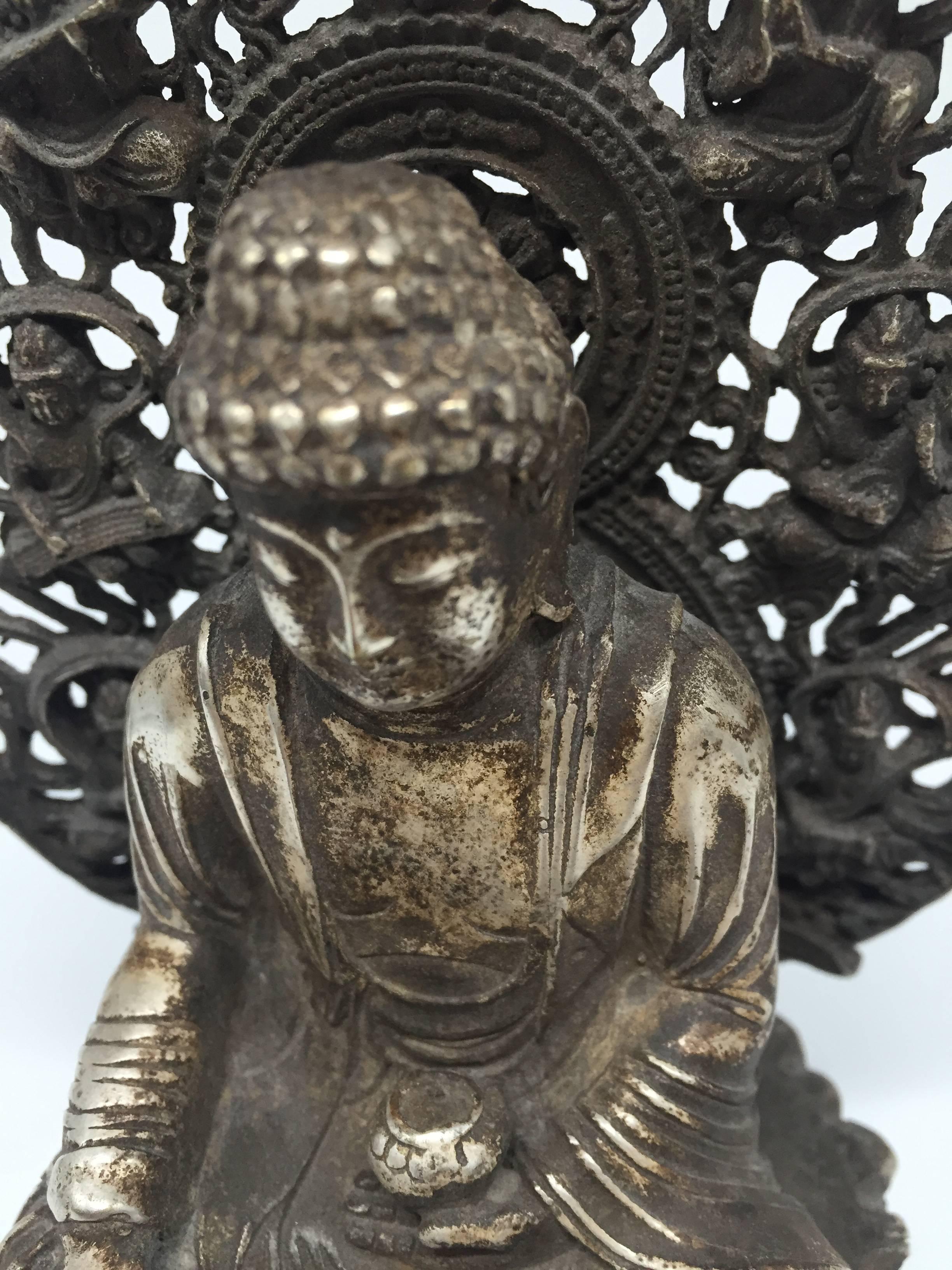 Silver Bronze Buddha with Flying Goddesses For Sale 3