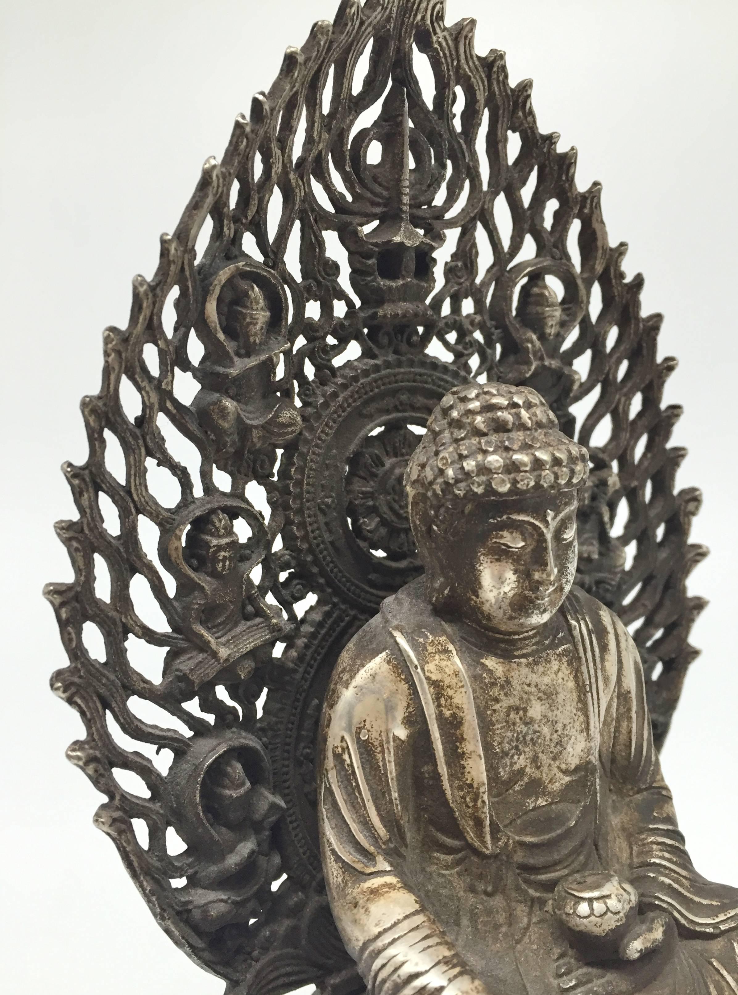 Silver Bronze Buddha with Flying Goddesses For Sale 4