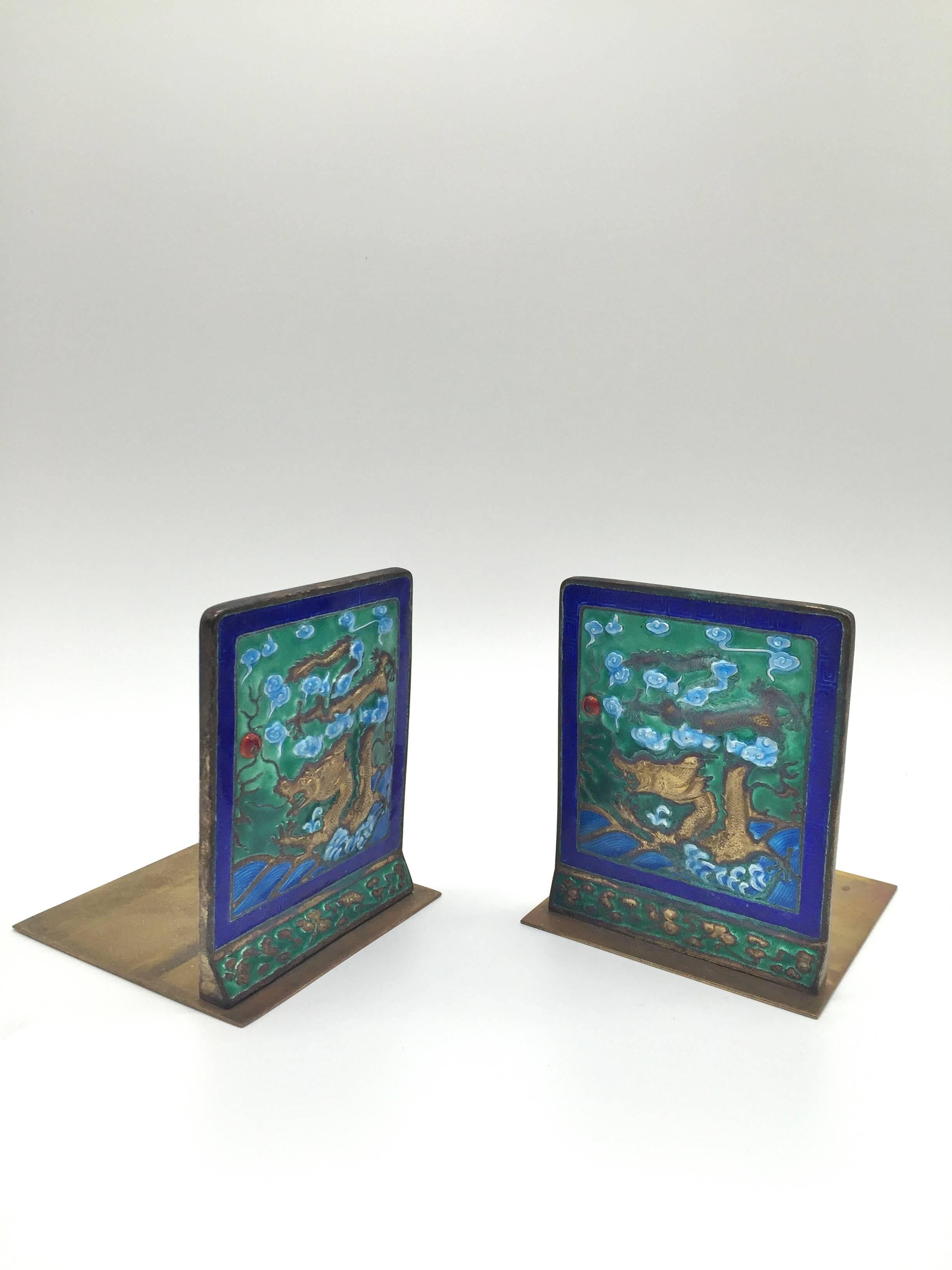 Pair of Antique Enamel Brass Bookends In Excellent Condition In SOMIS, CA