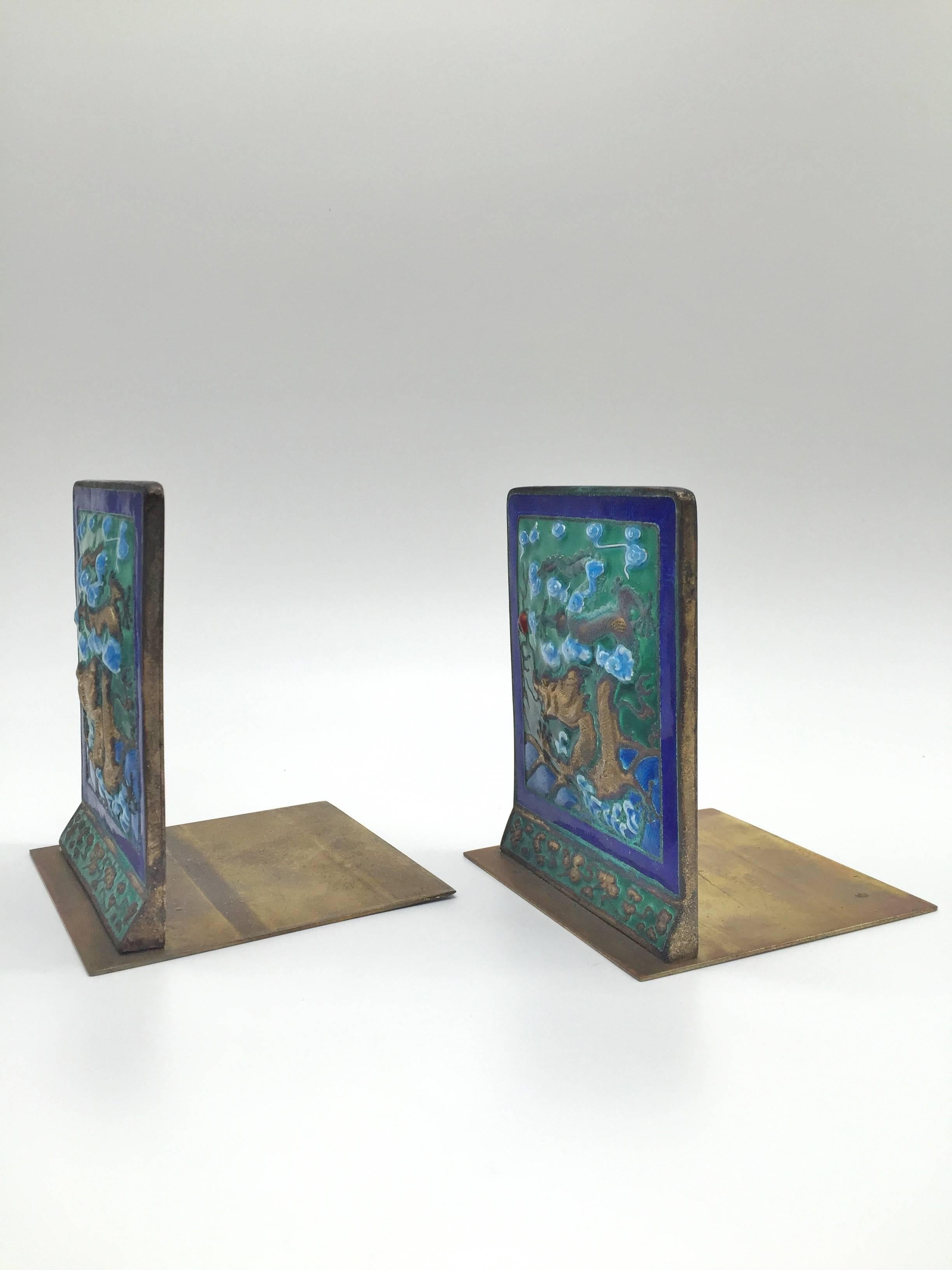 20th Century Pair of Antique Enamel Brass Bookends