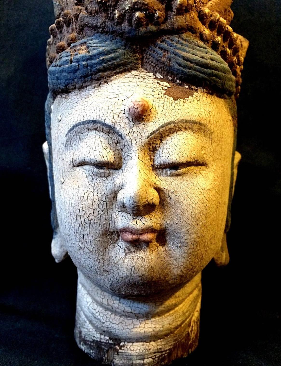 Hand-Carved Hand-Painted Wooden Kwan Yin Statue on Marble Stand