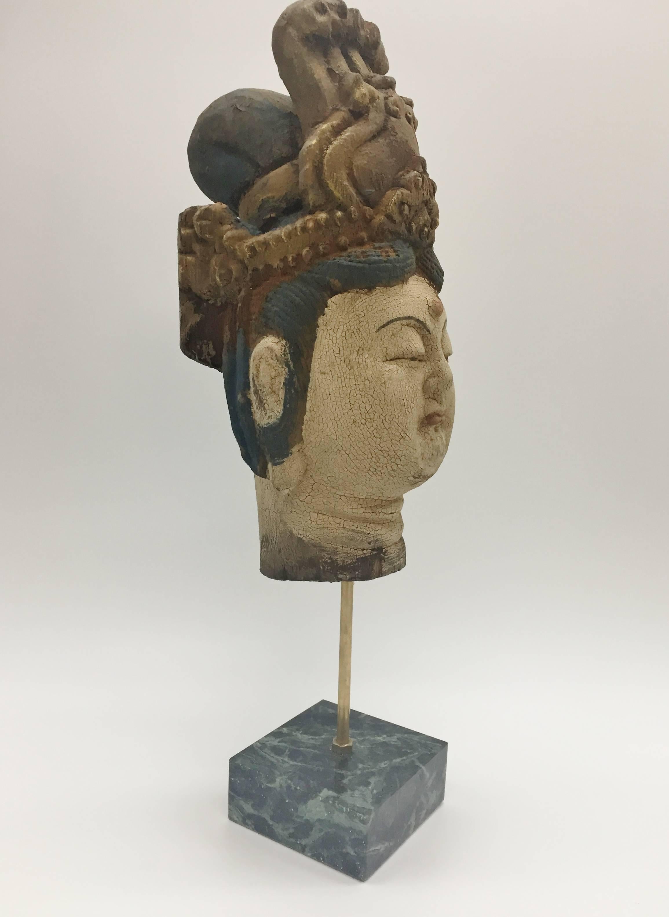 Hand-Painted Wooden Kwan Yin Statue on Marble Stand 1