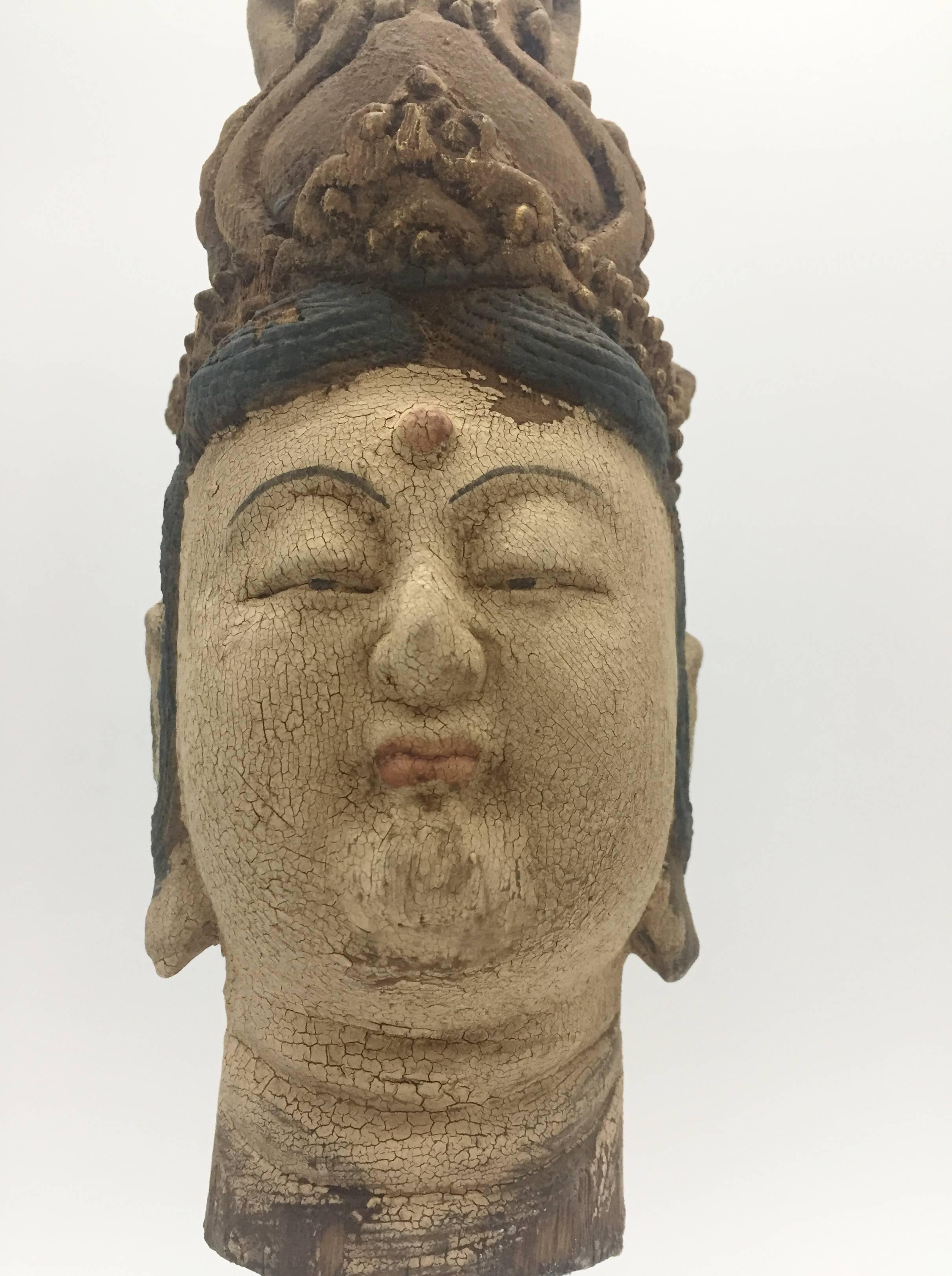 Hand-Painted Wooden Kwan Yin Statue on Marble Stand 2