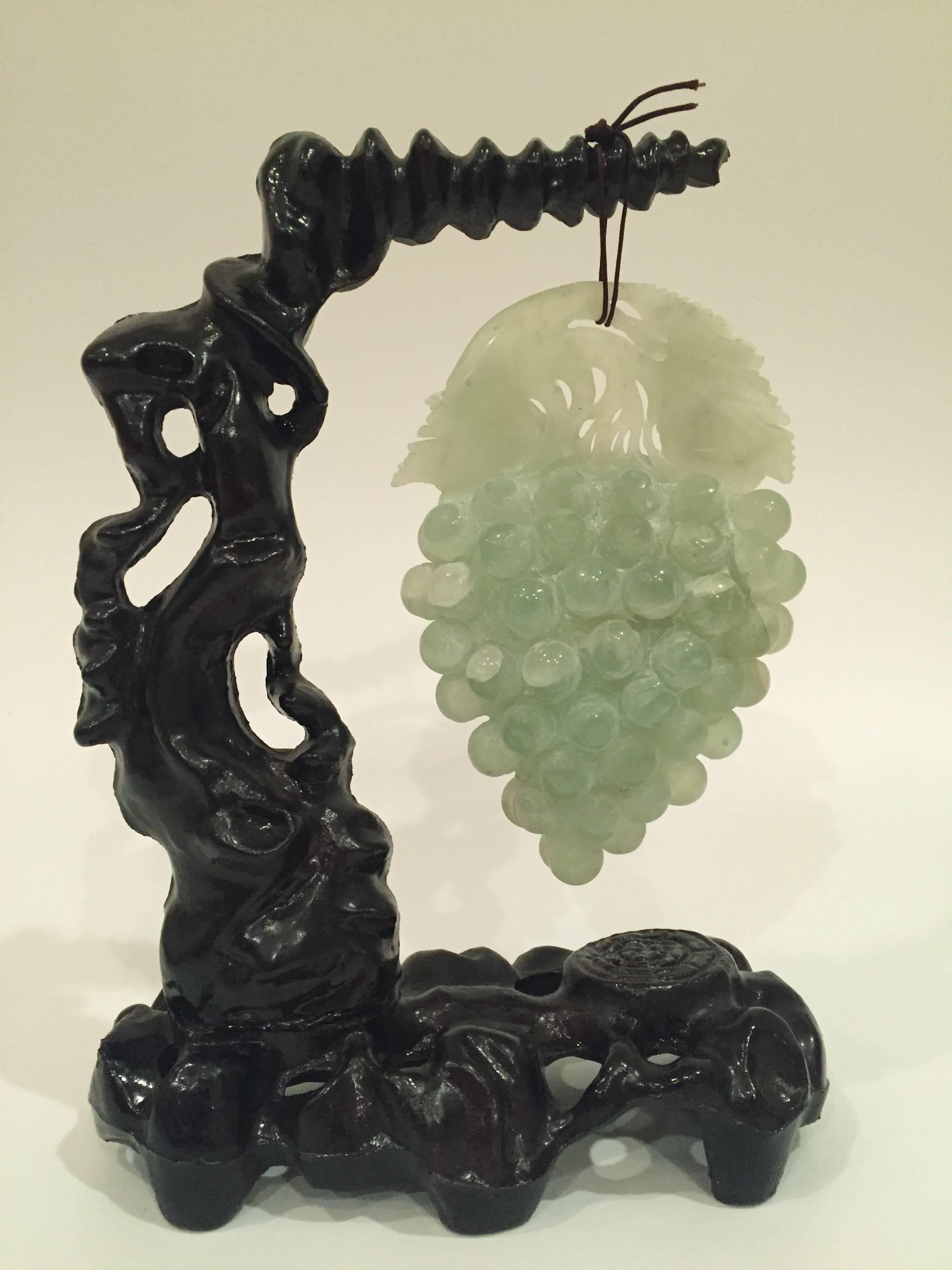 Chinese Large Green Stone Grape Sculpture on Carved Wood Stand For Sale