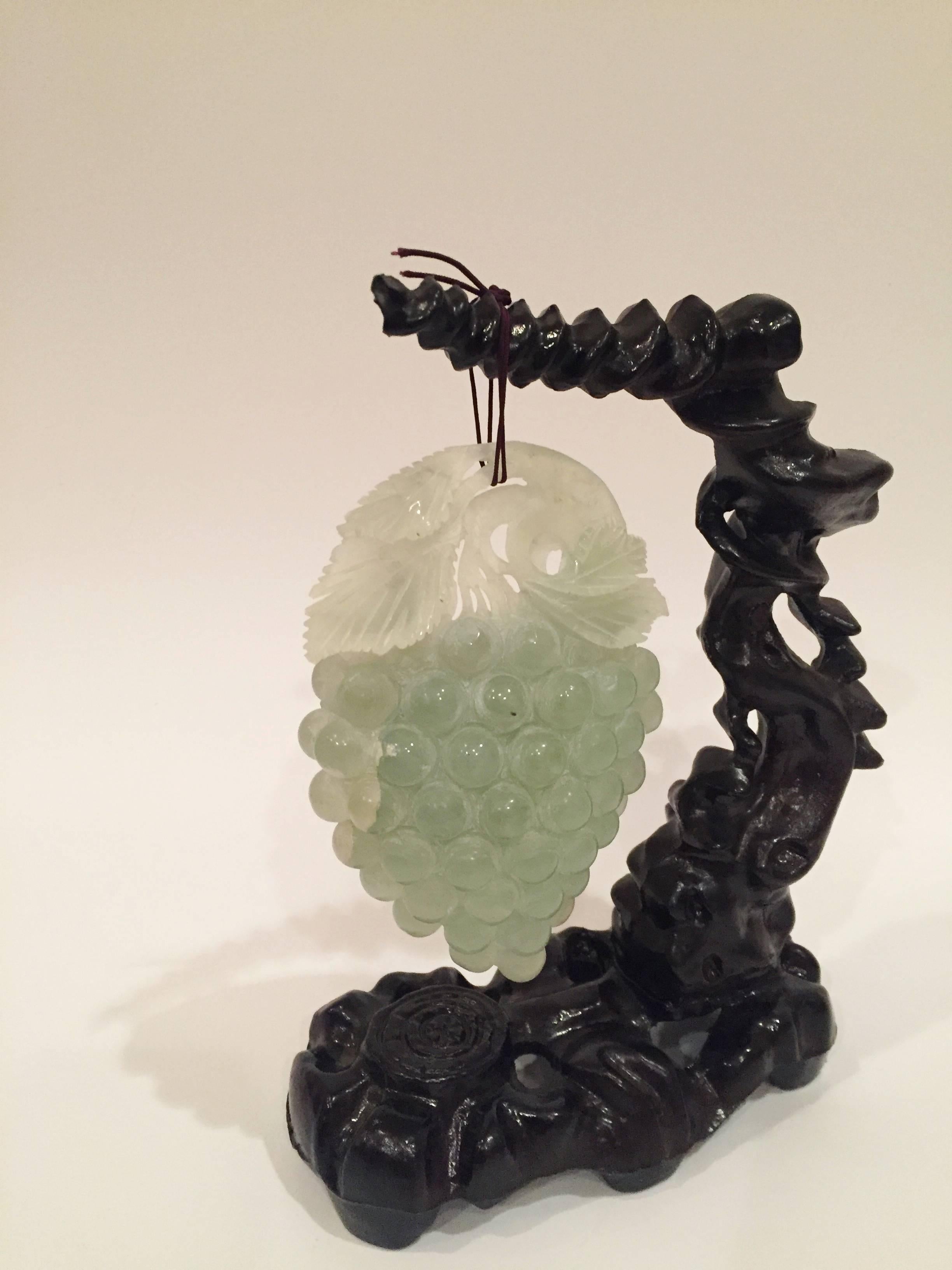 20th Century Large Green Stone Grape Sculpture on Carved Wood Stand For Sale