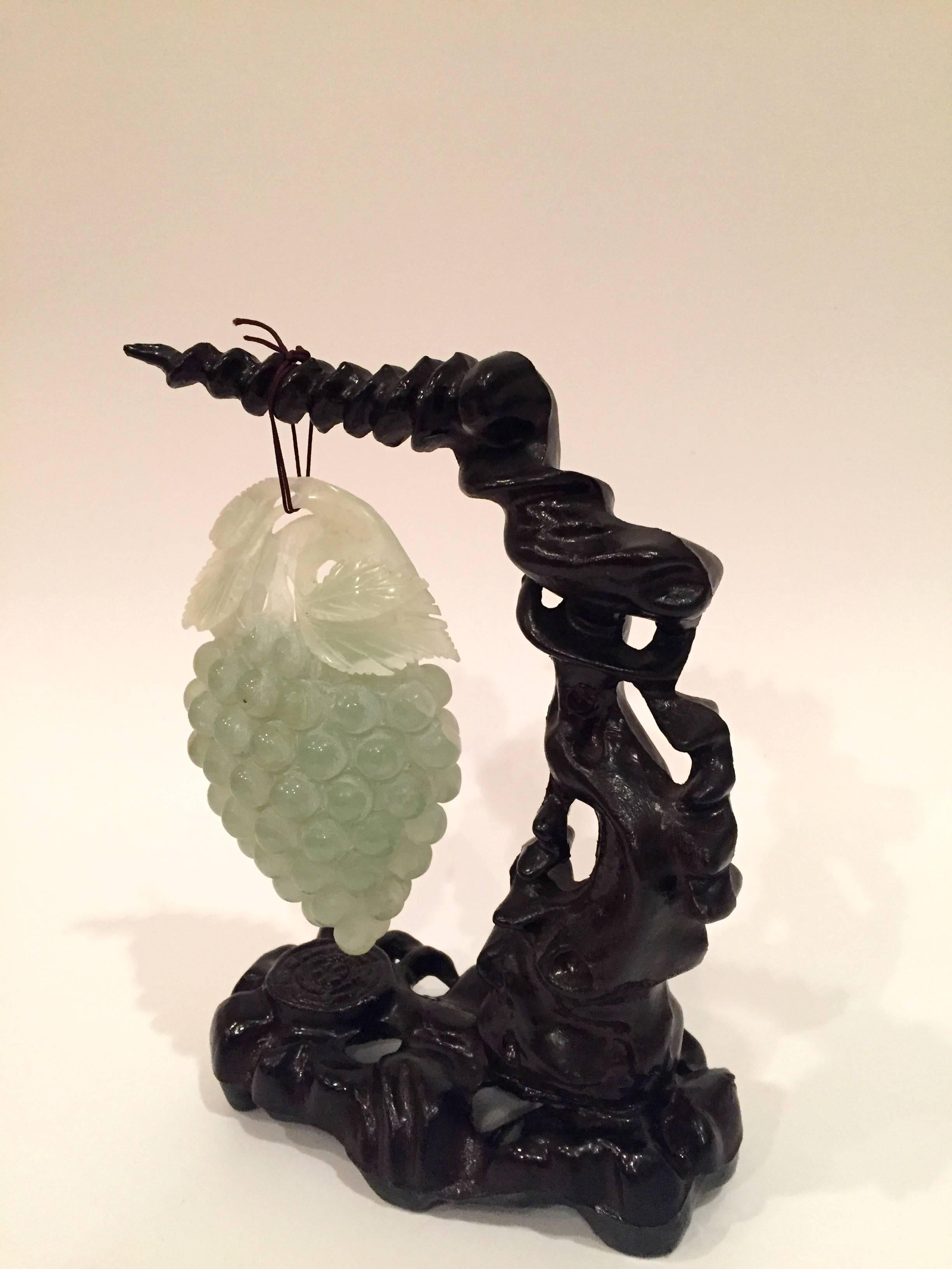 Large Green Stone Grape Sculpture on Carved Wood Stand For Sale 3