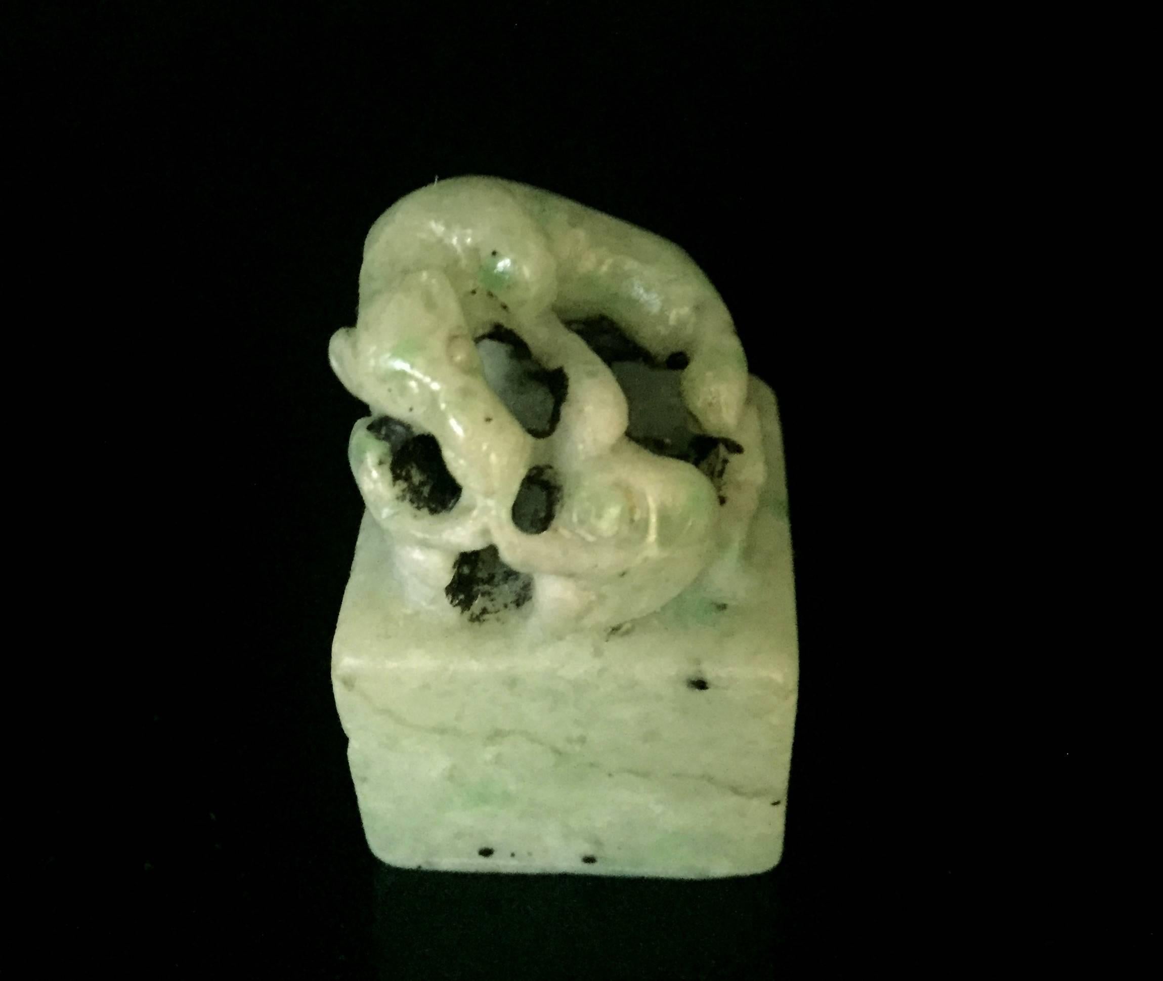 Hand-Carved Rare Antique Jade Chop with Dragon For Sale