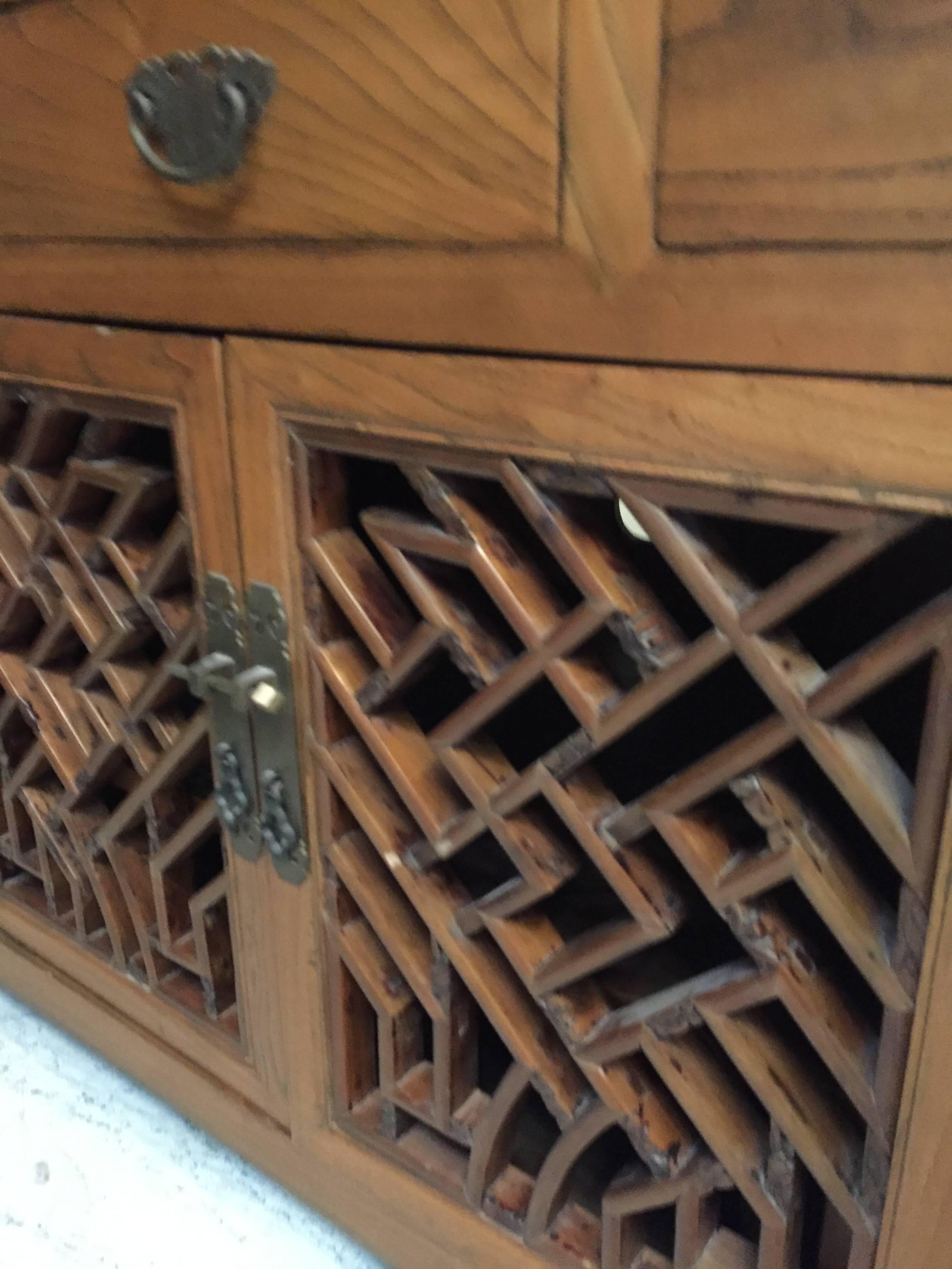 Chinese Solid Wood Asian Chest with Antique Lattice Work For Sale