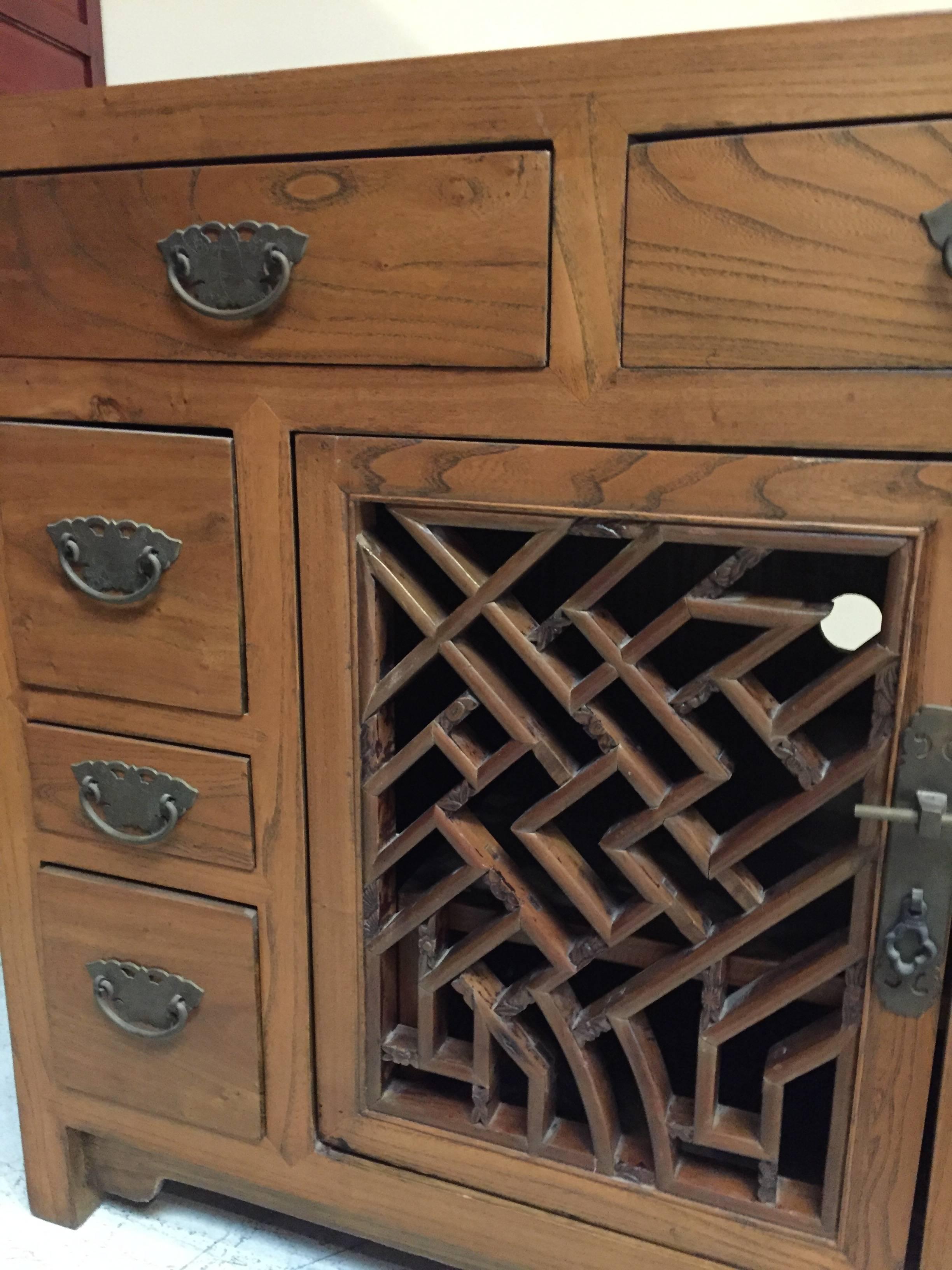 Solid Wood Asian Chest with Antique Lattice Work In Excellent Condition For Sale In SOMIS, CA
