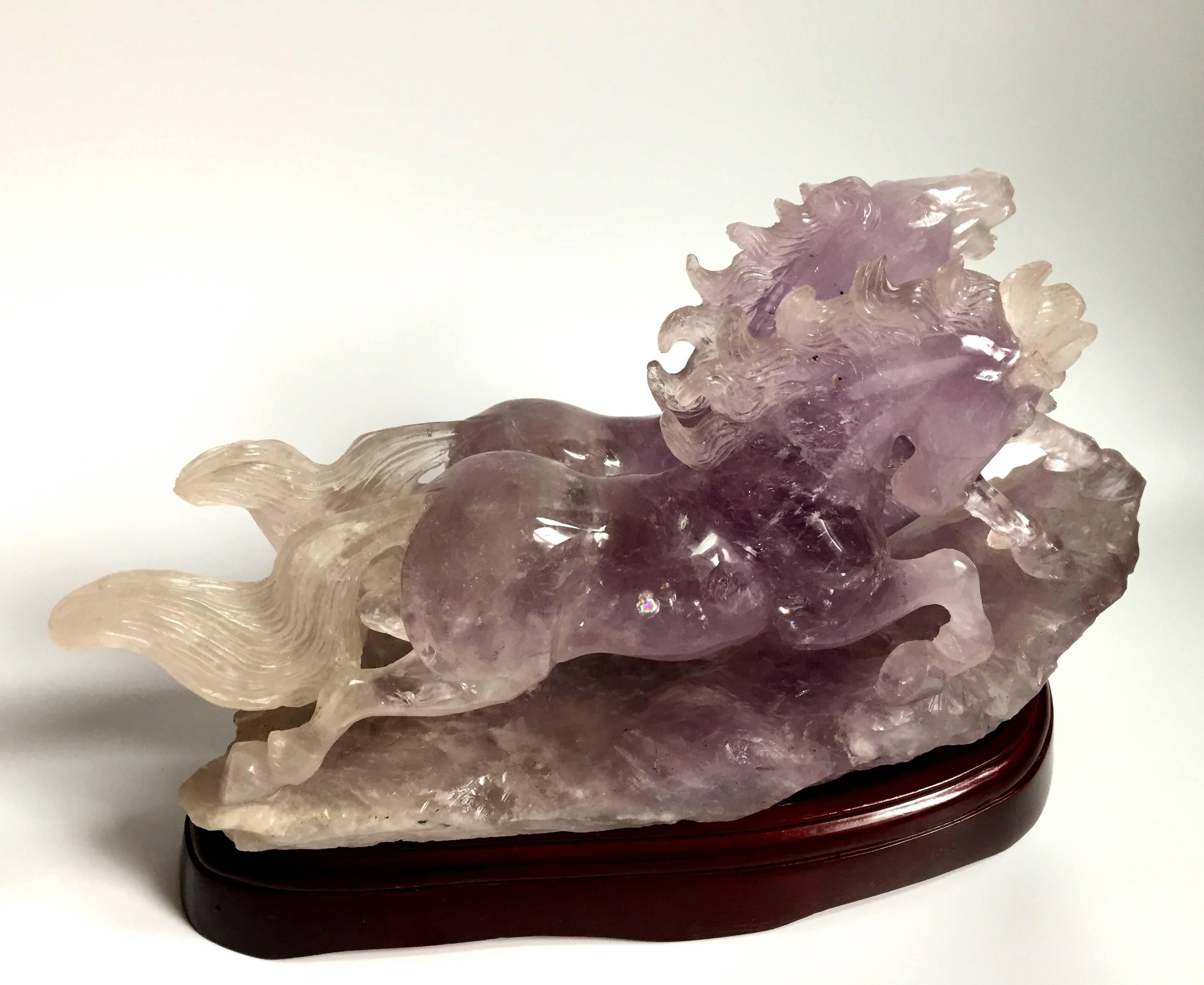Chinese Natural Amethyst Statue, Sculpture of Horses For Sale