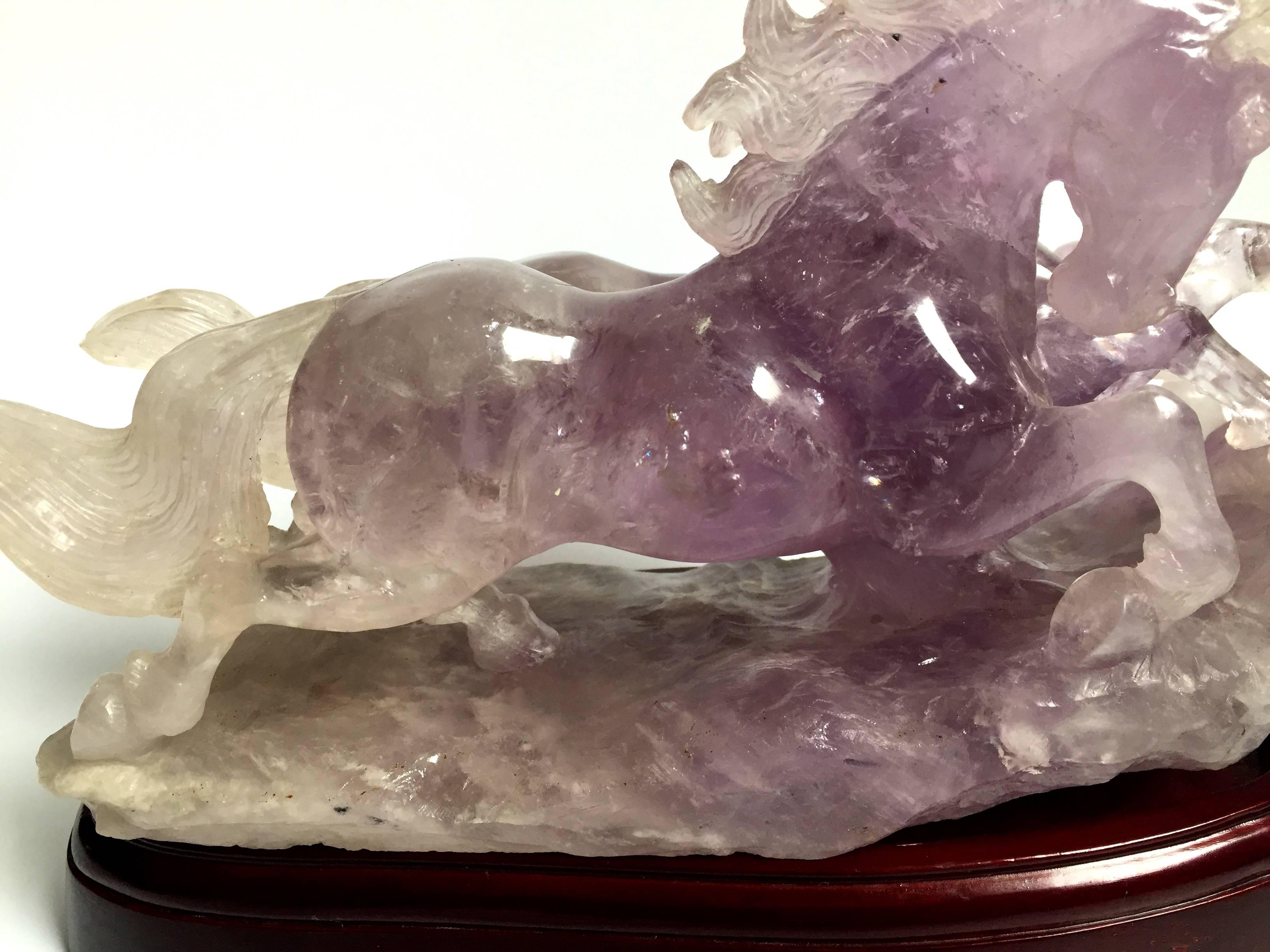 Hand-Carved Natural Amethyst Statue, Sculpture of Horses For Sale