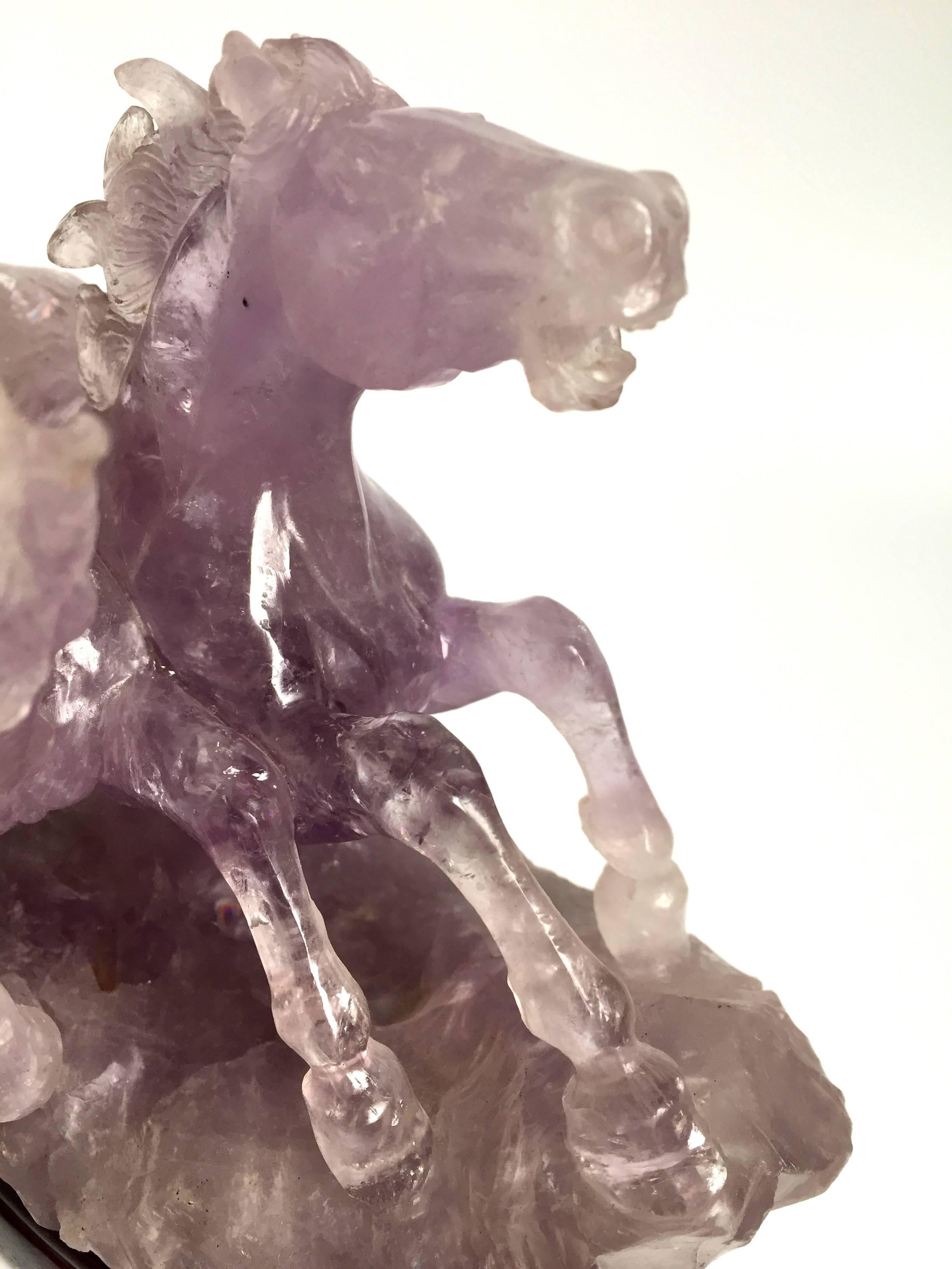 Contemporary Natural Amethyst Statue, Sculpture of Horses For Sale