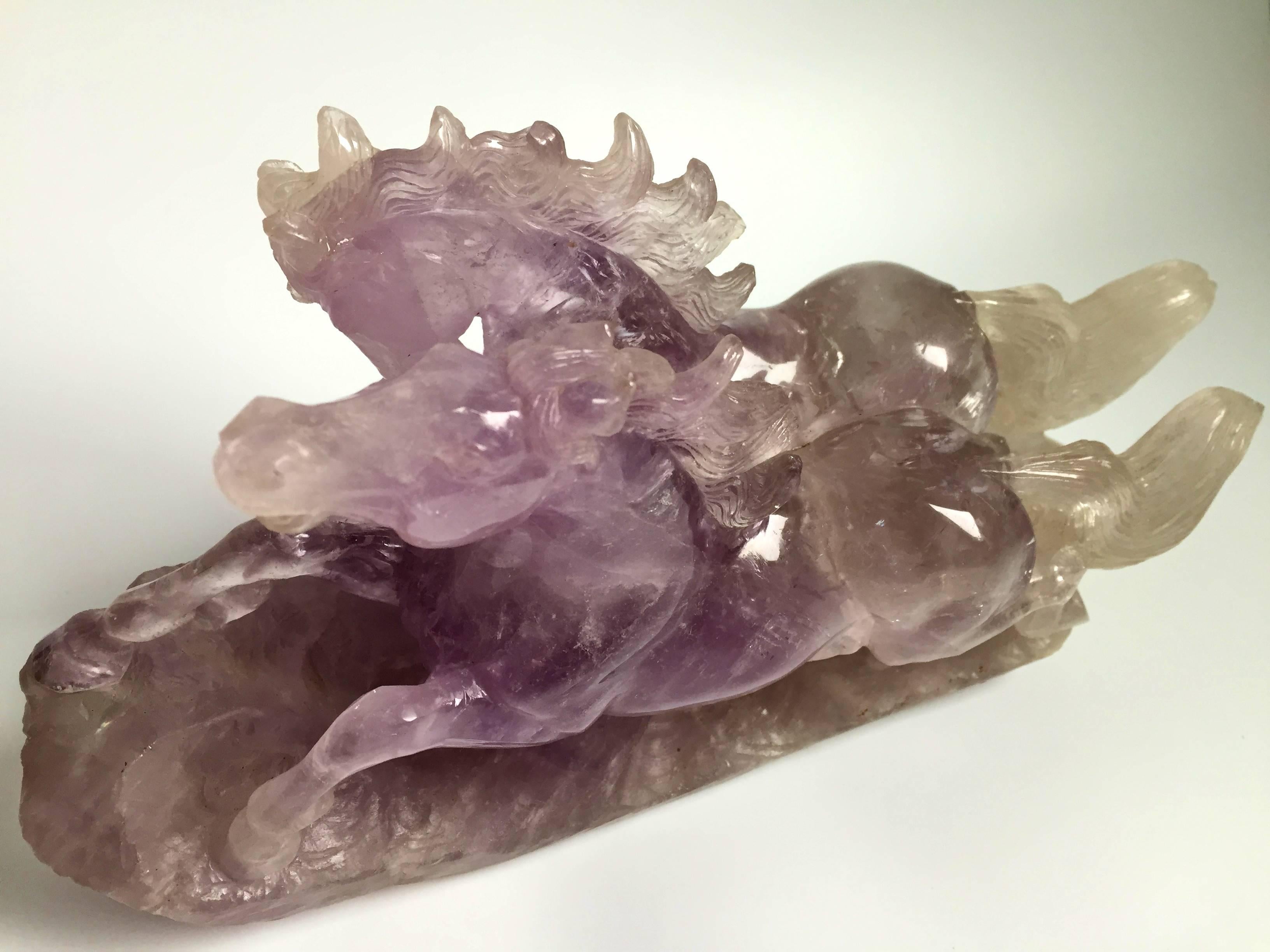 Natural Amethyst Statue, Sculpture of Horses For Sale 1