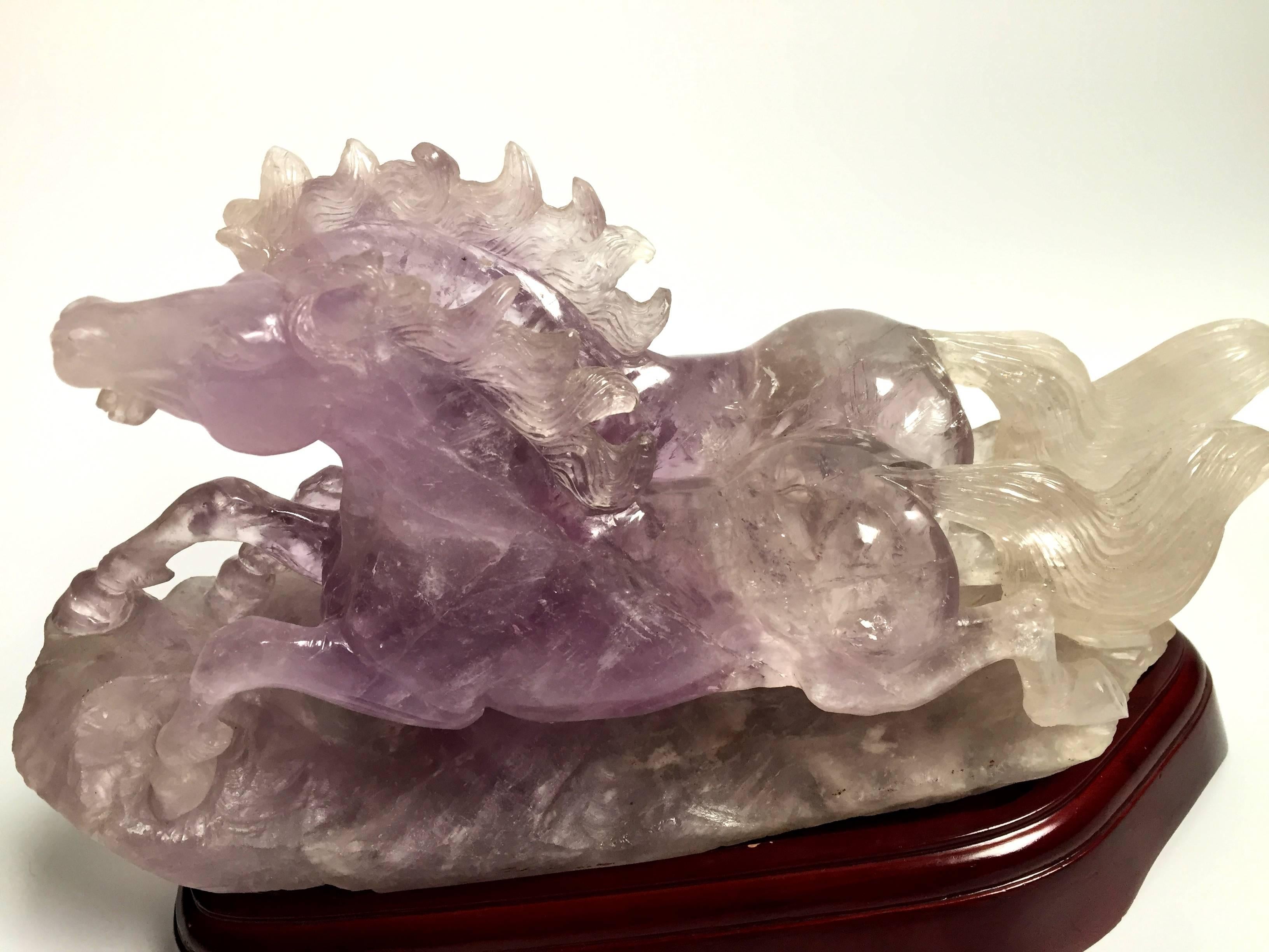 Natural Amethyst Statue, Sculpture of Horses For Sale 4