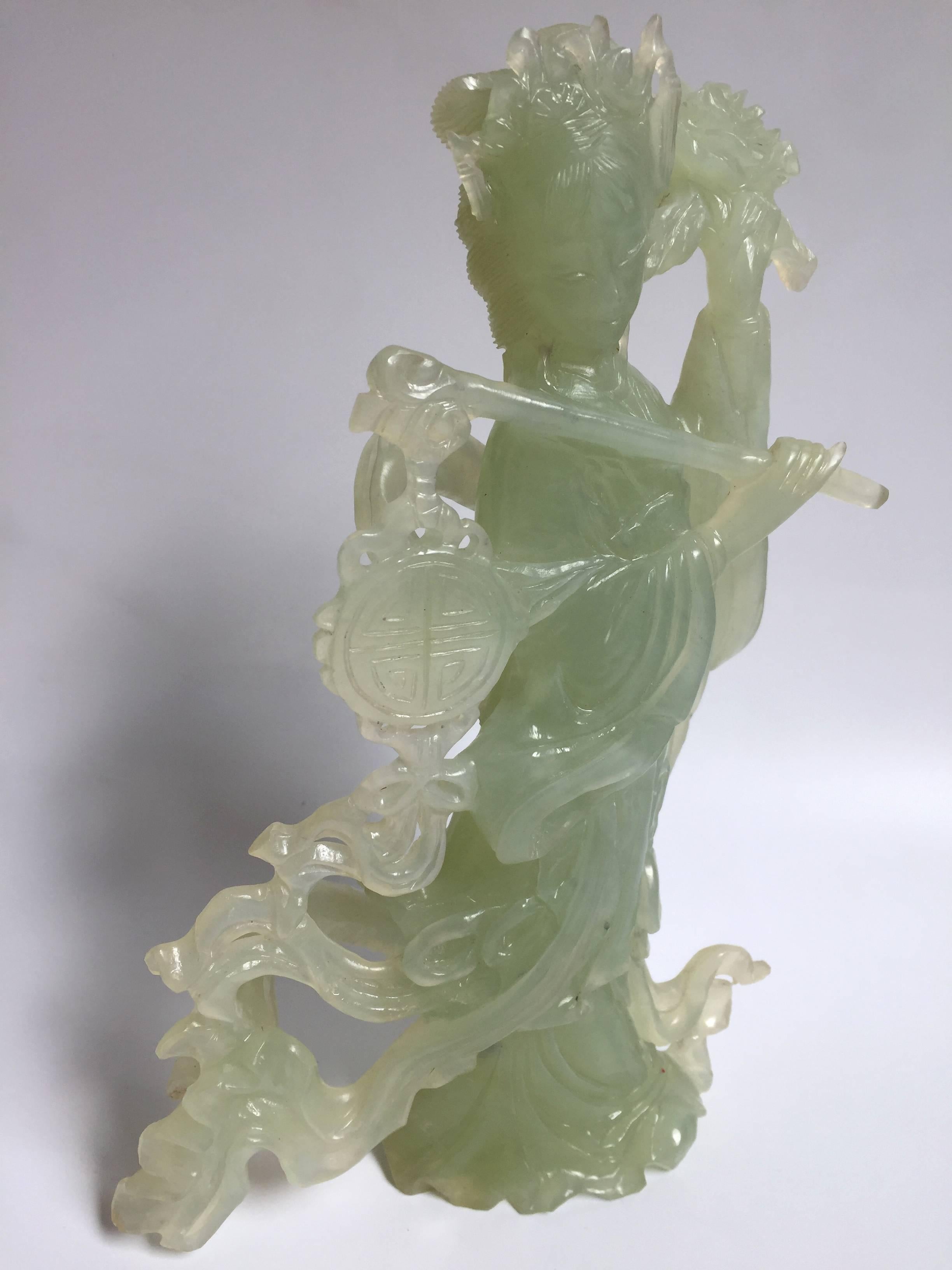 20th Century Natural Green Stone Statue of Moon Fairy For Sale