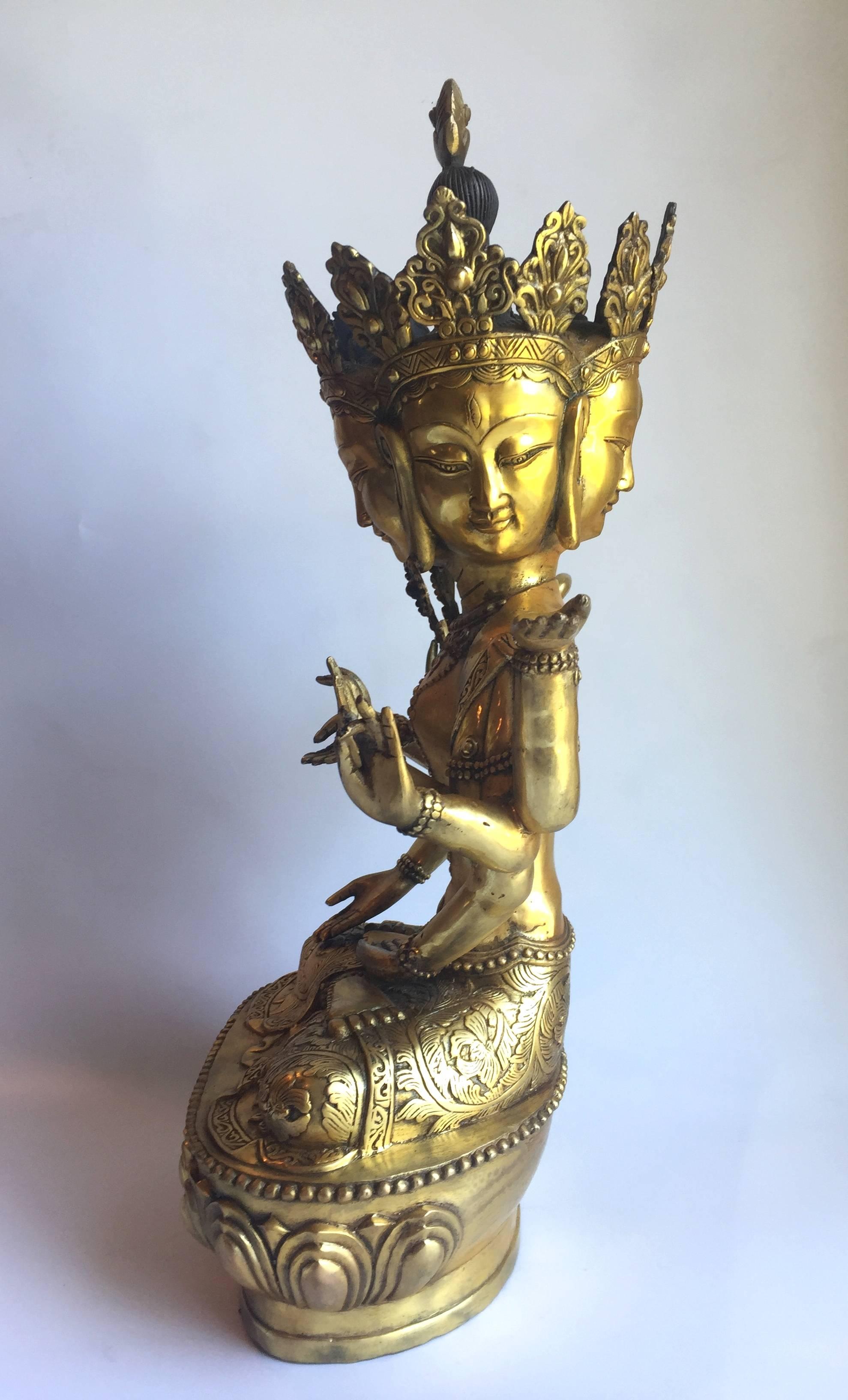 Large Multi-Armed Brass Tibetan Buddha, Tara In Excellent Condition For Sale In SOMIS, CA