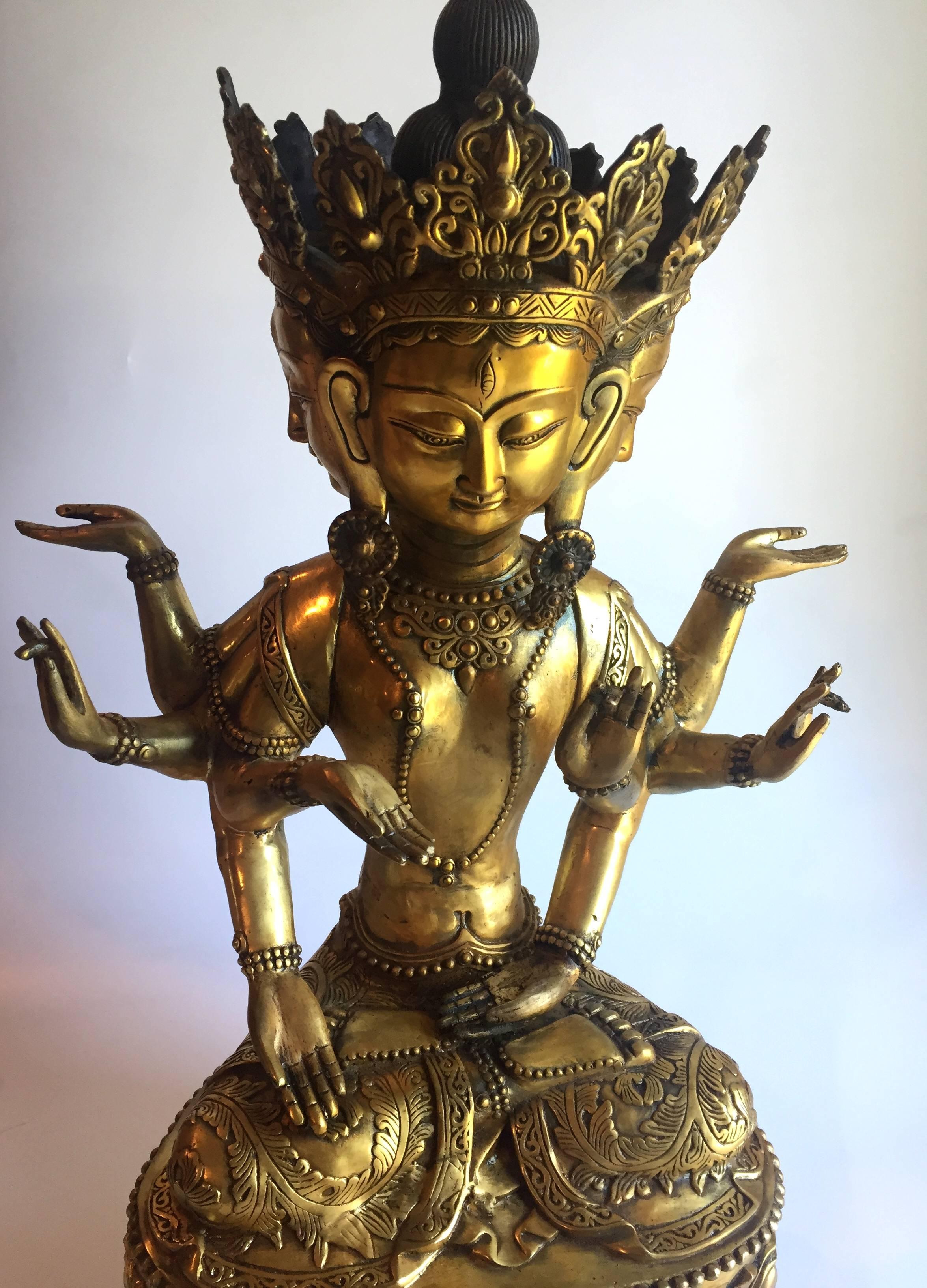 Large Multi-Armed Brass Tibetan Buddha, Tara For Sale 4